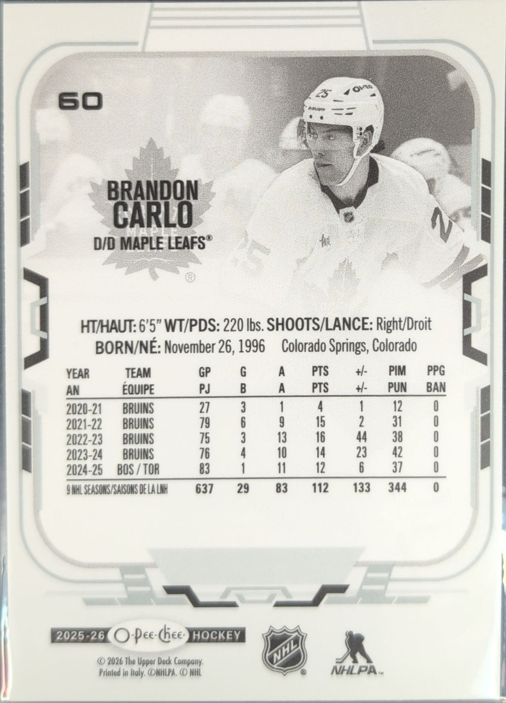 2025-26 O-Pee-Chee Brandon Carlo #60 Toronto Maple Leafs back