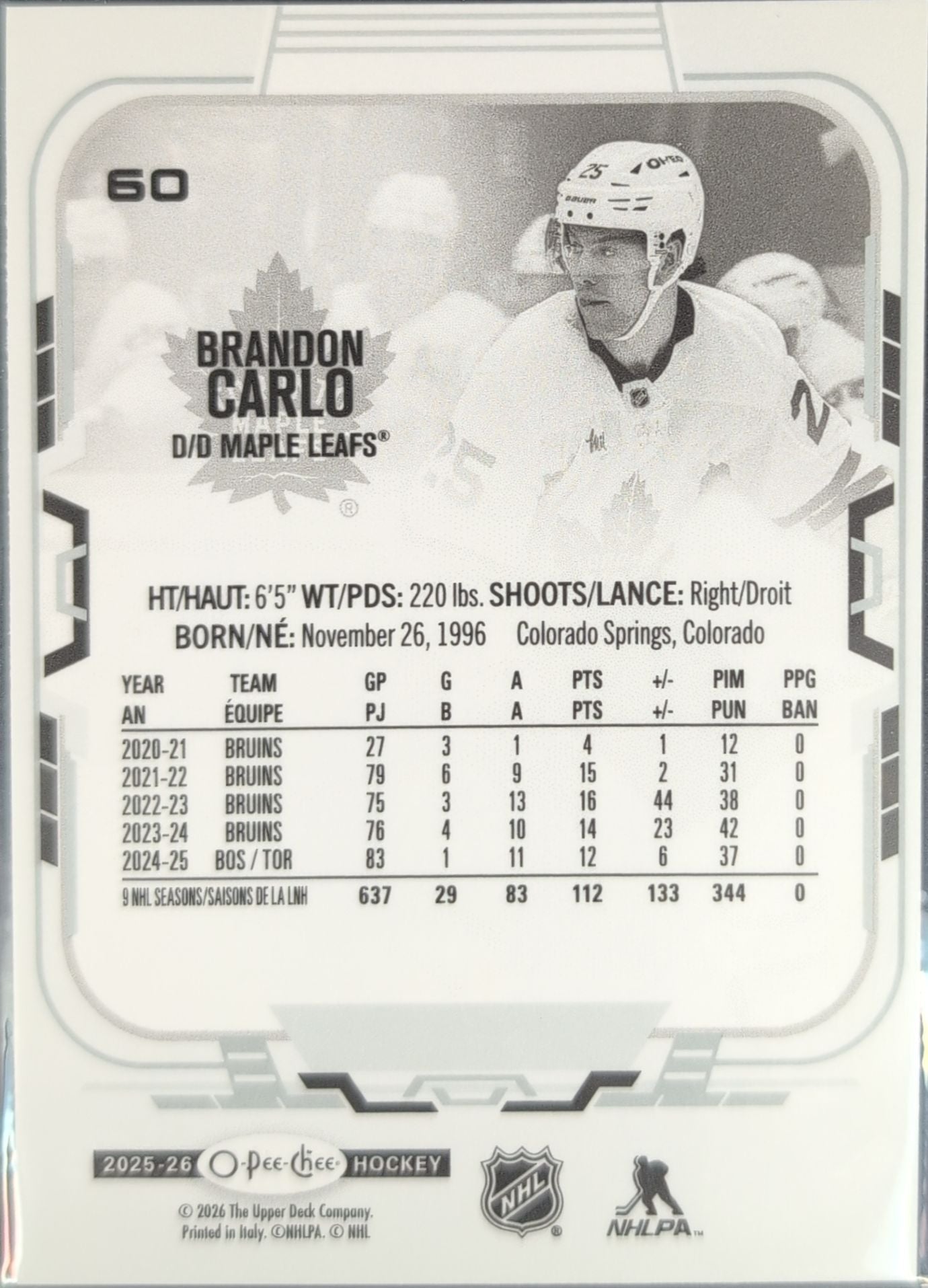 2025-26 O-Pee-Chee Brandon Carlo #60 Toronto Maple Leafs back