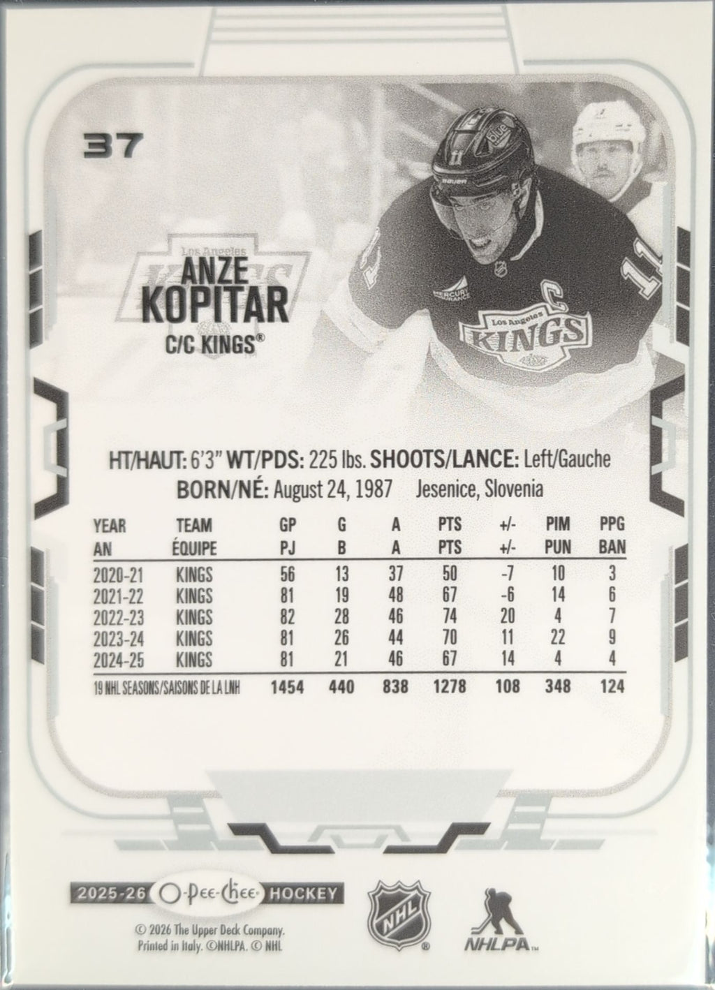 2025-26 O-Pee-Chee Anze Kopitar #37 Los Angeles Kings back