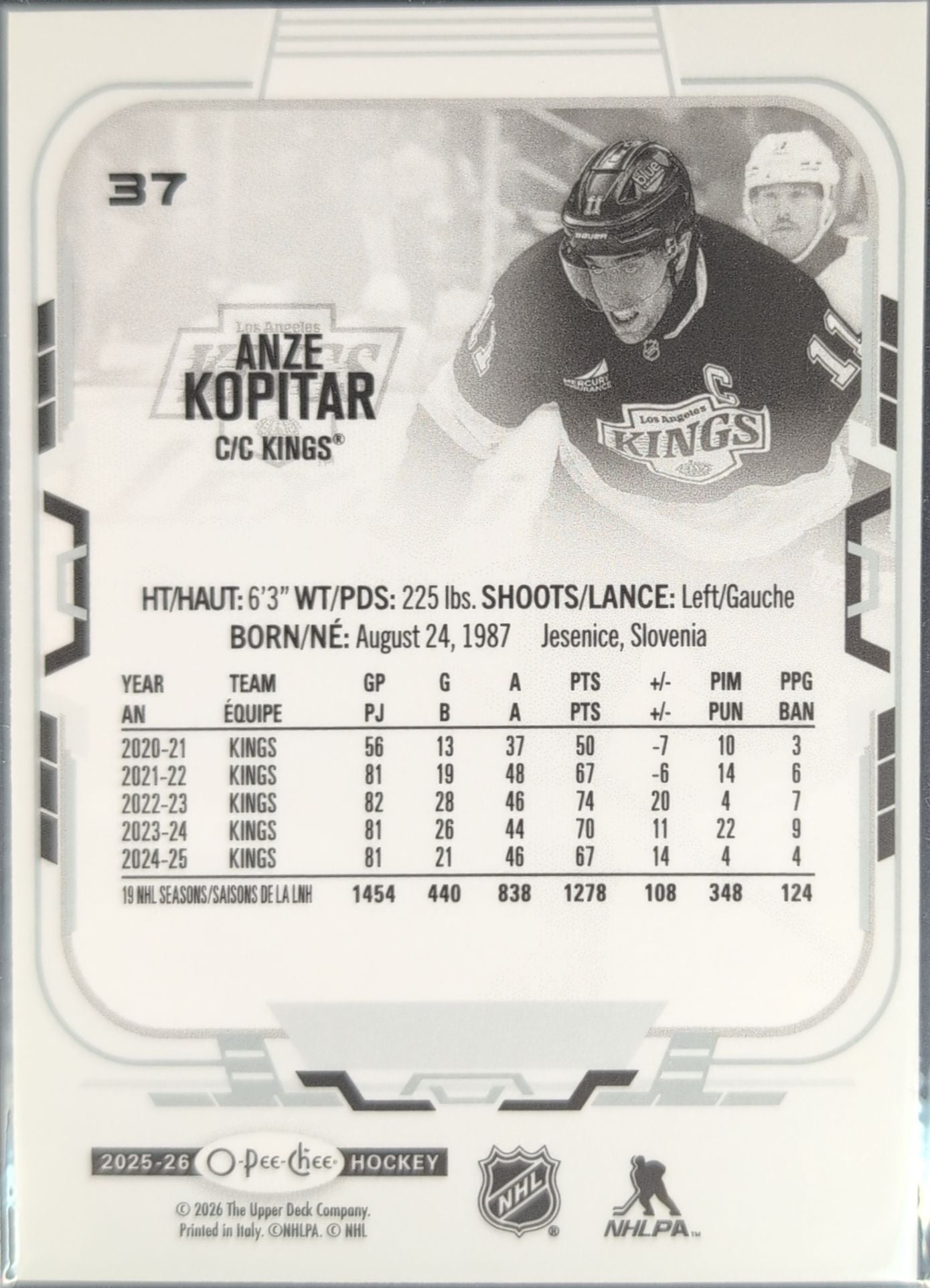 2025-26 O-Pee-Chee Anze Kopitar #37 Los Angeles Kings back