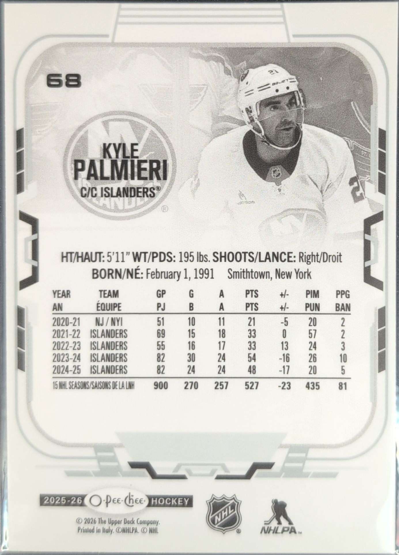 2025-26 O-Pee-Chee Kyle Palmieri #68 New York Islanders back