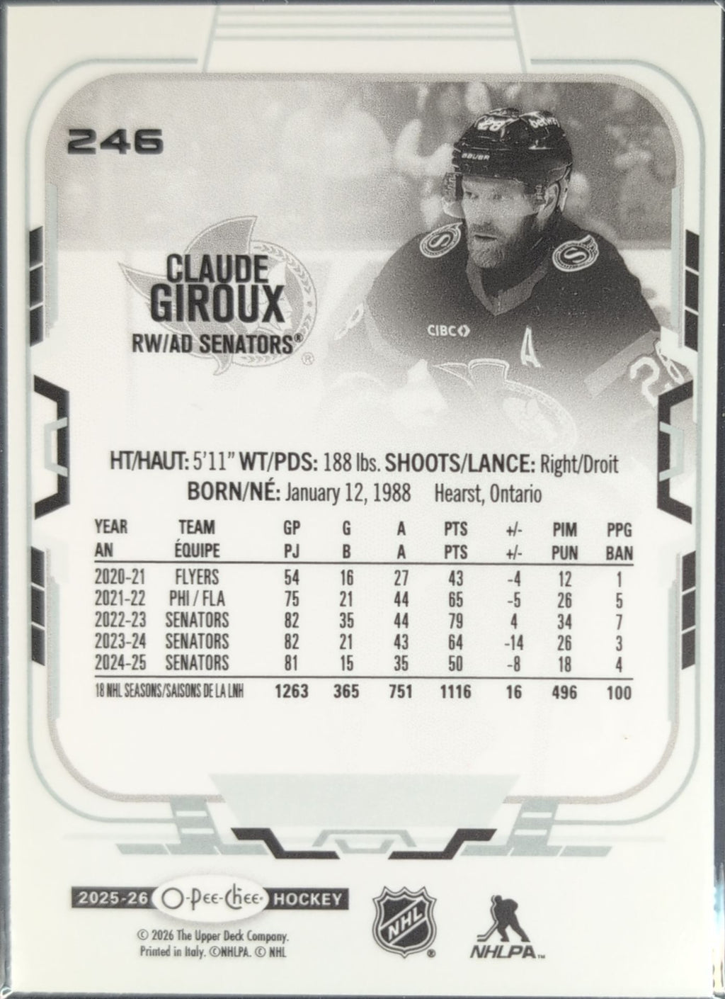 2025-26 O-Pee-Chee Claude Giroux #246 Ottawa Senators back