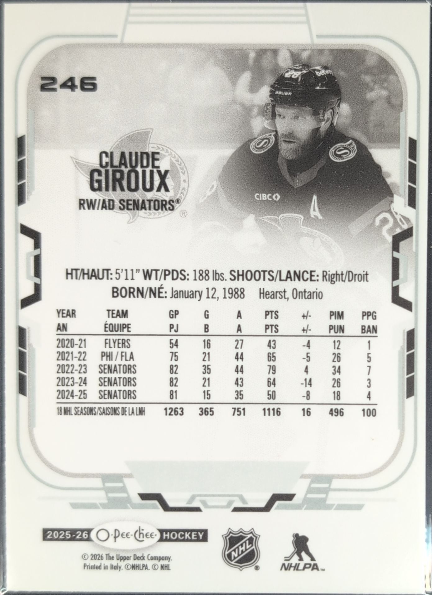 2025-26 O-Pee-Chee Claude Giroux #246 Ottawa Senators back