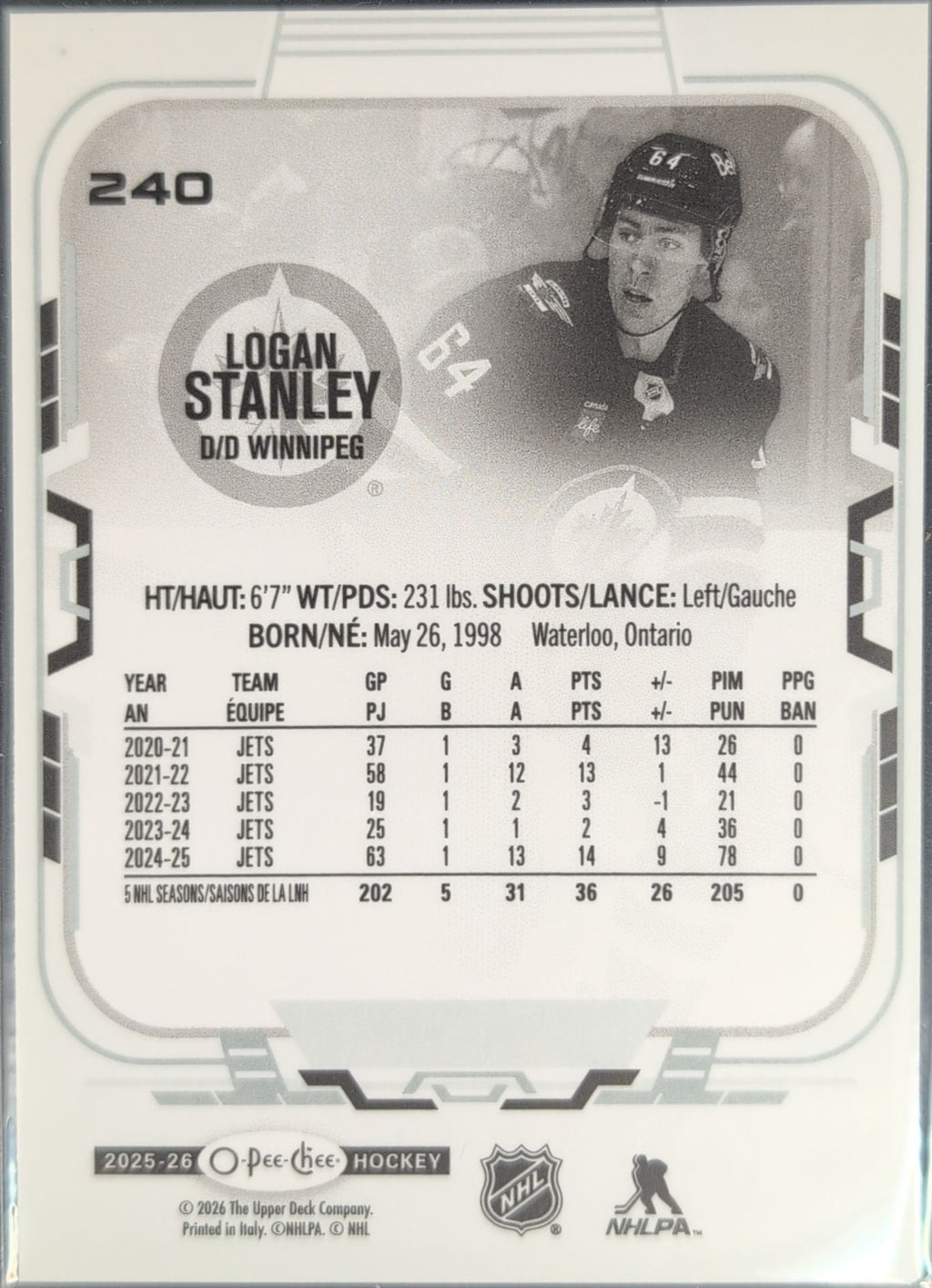 2025-26 O-Pee-Chee Logan Stanley #240 Winnipeg Jets back