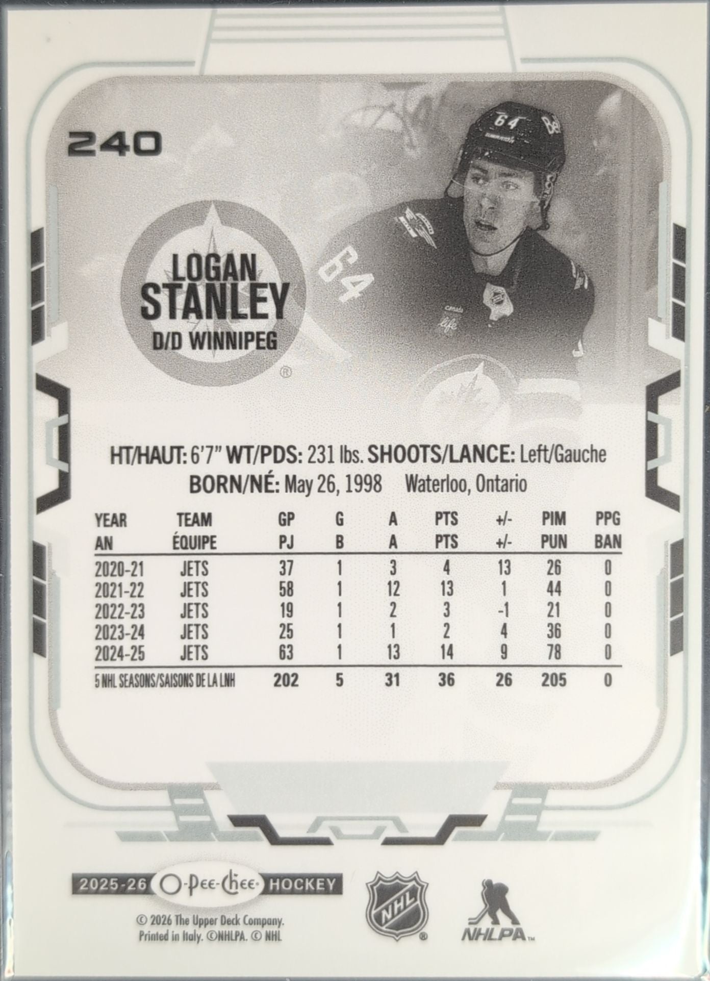 2025-26 O-Pee-Chee Logan Stanley #240 Winnipeg Jets back