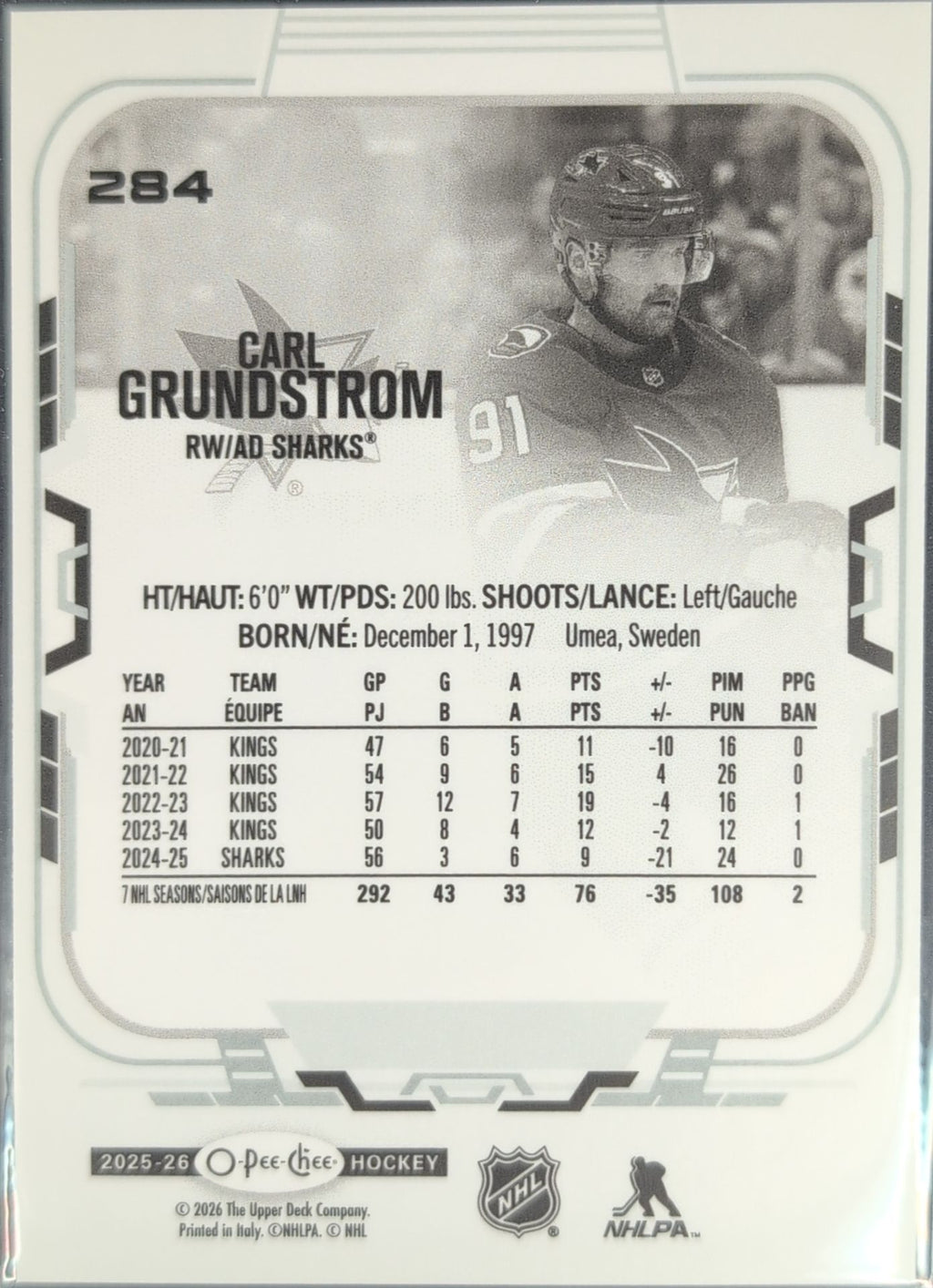 2025-26 O-Pee-Chee Carl Grundstrom #284 San Jose Sharks back
