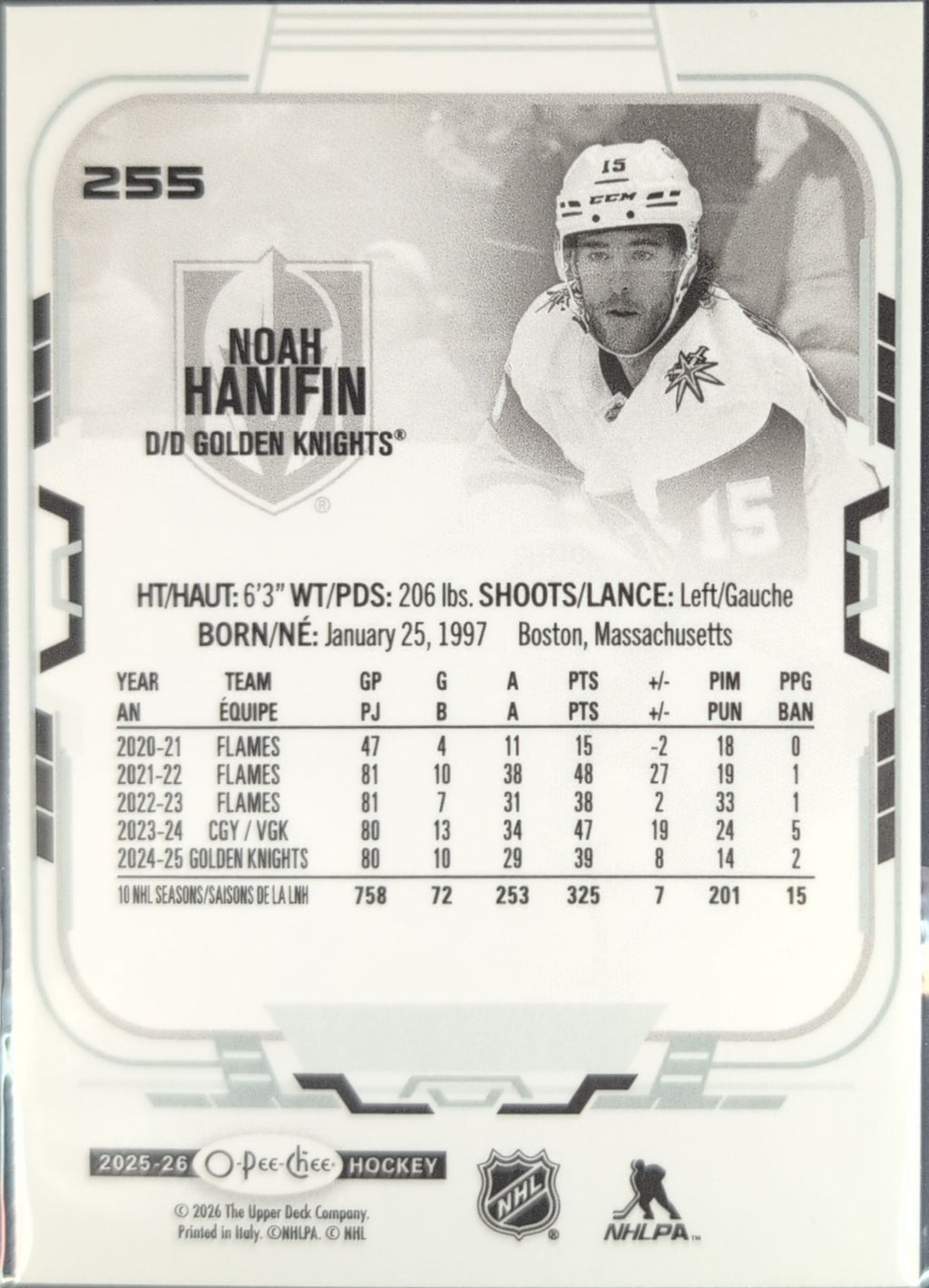 2025-26 O-Pee-Chee Noah Hanifin #255 Vegas Golden Knights back