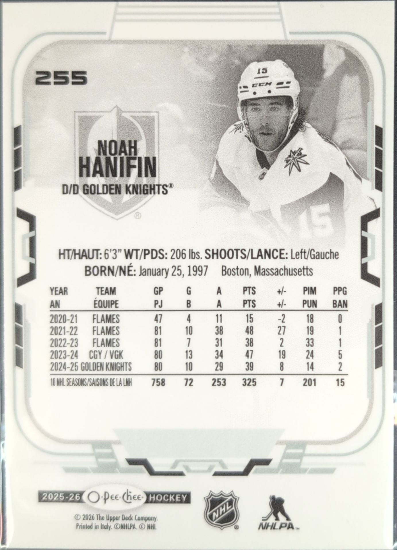2025-26 O-Pee-Chee Noah Hanifin #255 Vegas Golden Knights back
