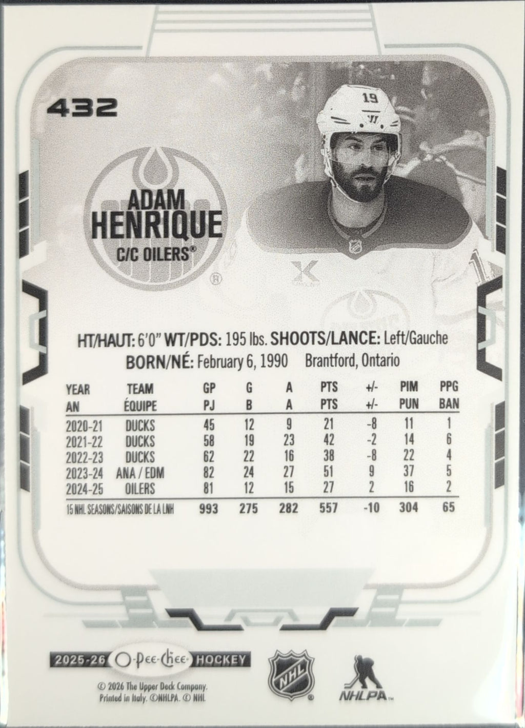 2025-26 O-Pee-Chee Adam Henrique #432 Edmonton Oilers back