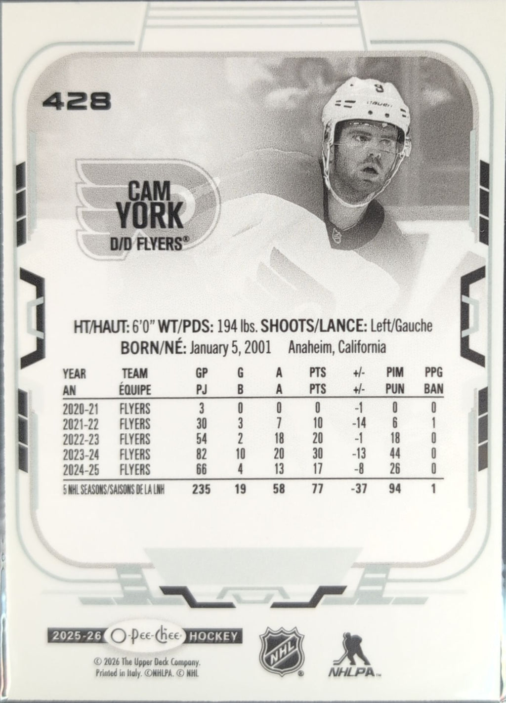 2025-26 O-Pee-Chee Cam York #428 Philadelphia Flyers back