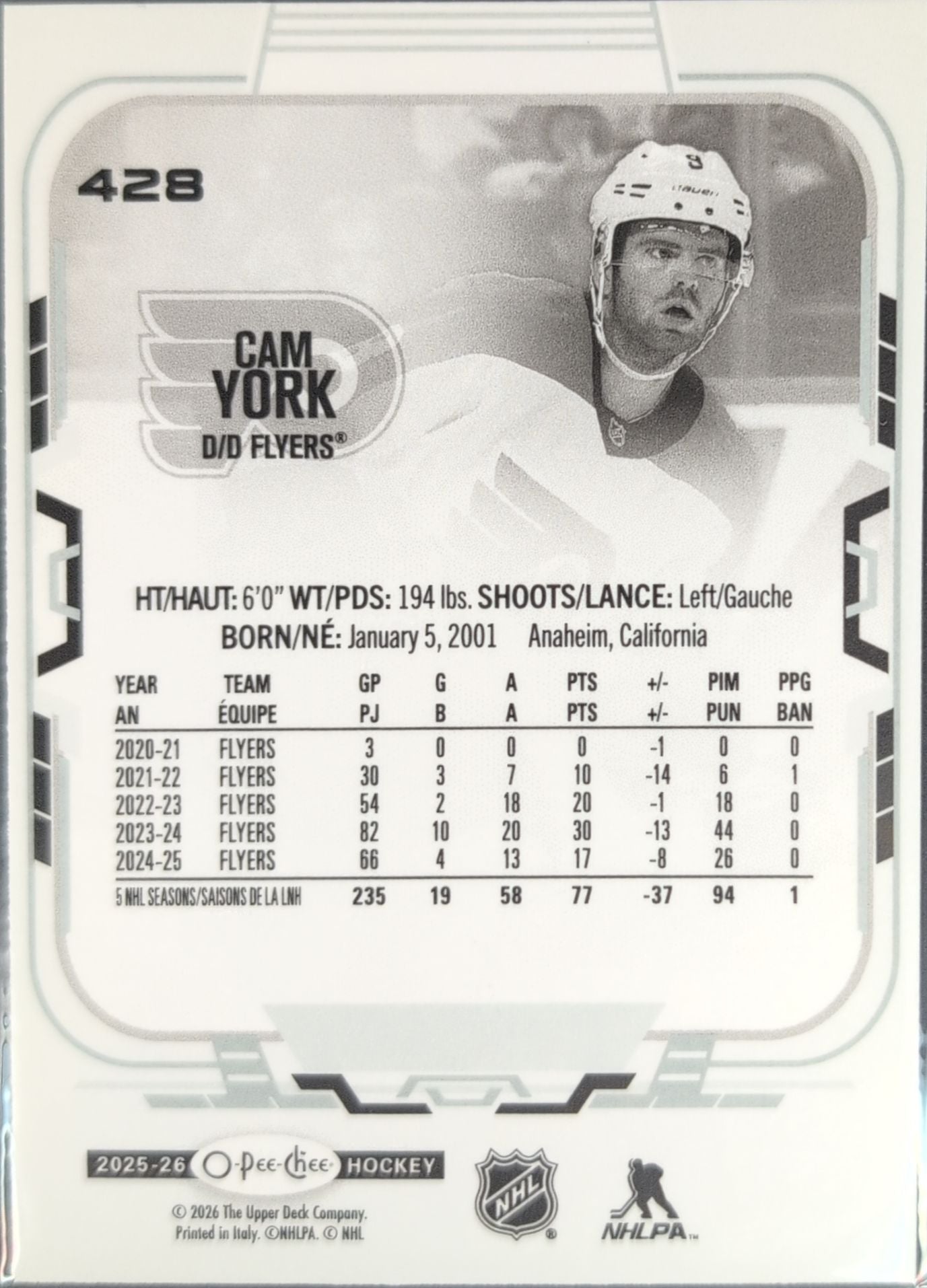 2025-26 O-Pee-Chee Cam York #428 Philadelphia Flyers back