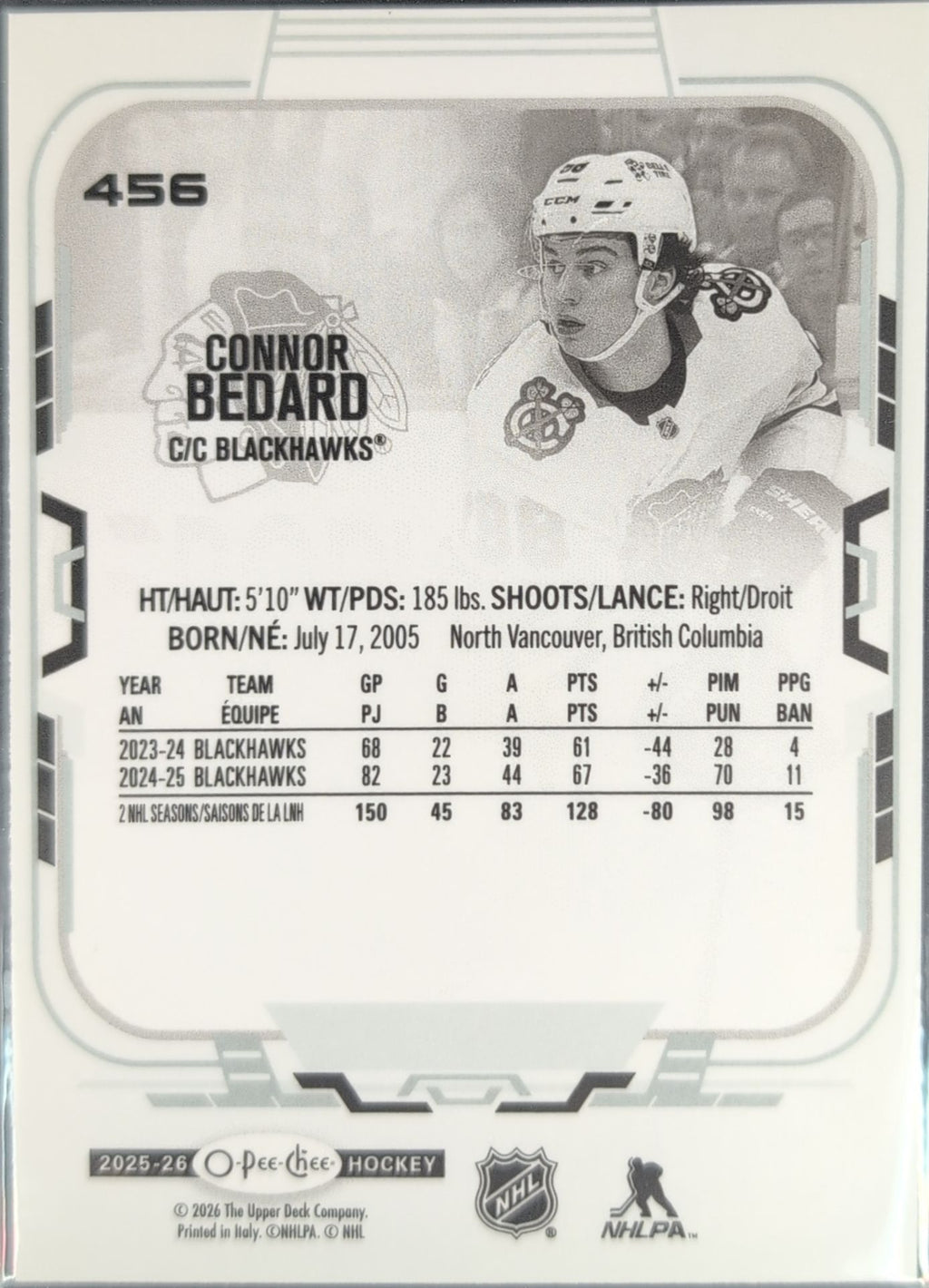 2025-26 O-Pee-Chee Connor Bedard #456 Chicago Blackhawks back