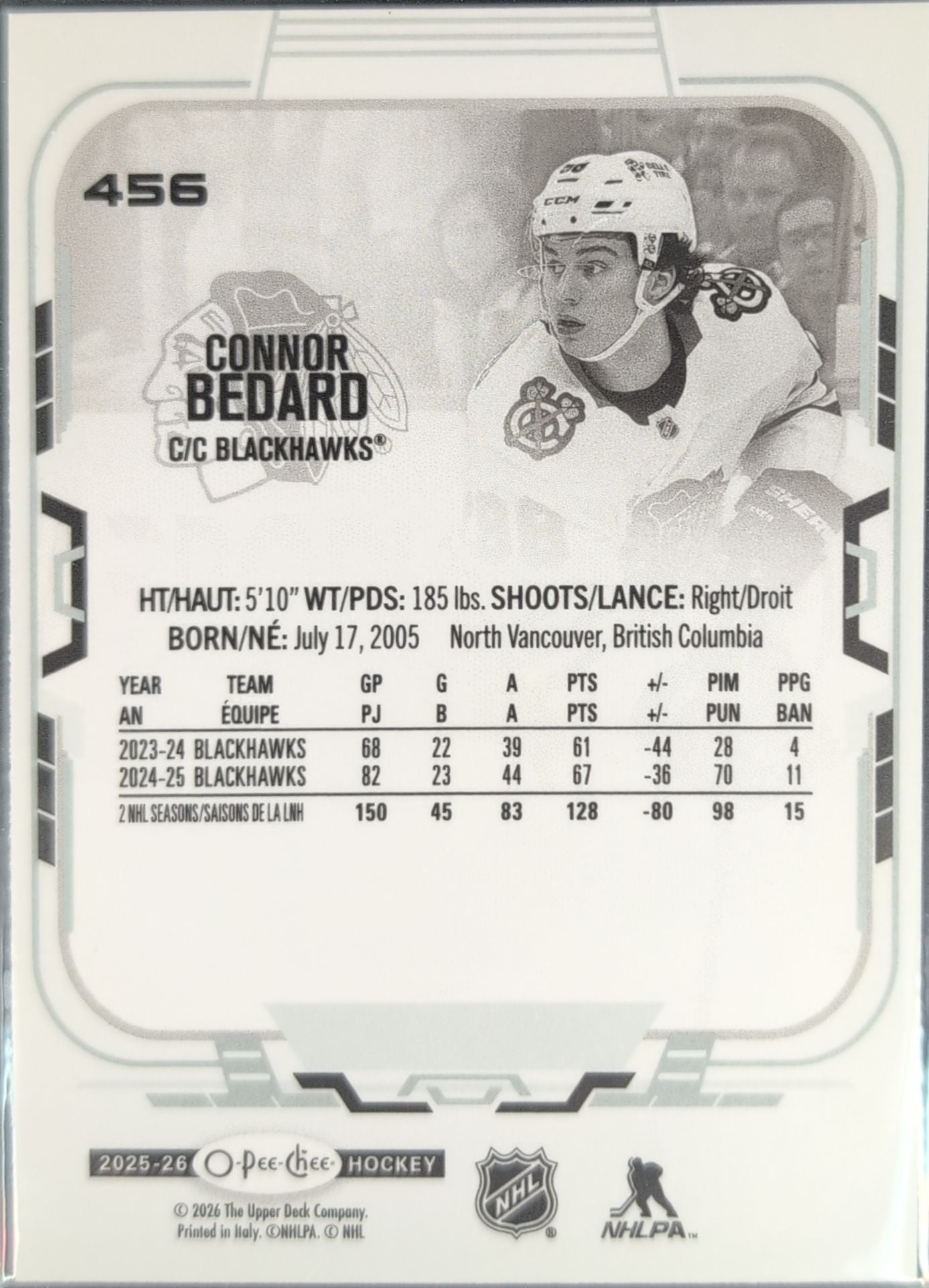 2025-26 O-Pee-Chee Connor Bedard #456 Chicago Blackhawks back