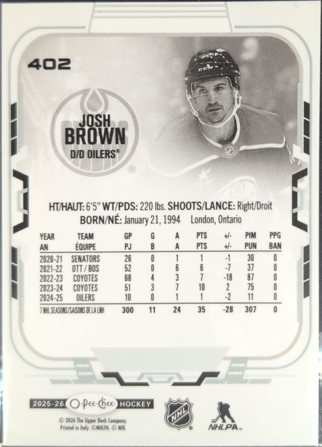 2025-26 O-Pee-Chee Josh Brown #402 Edmonton Oilers back