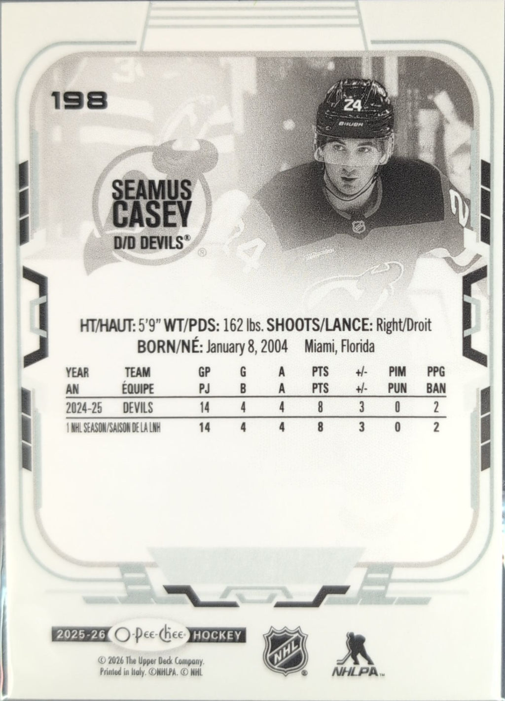 2025-26 O-Pee-Chee Seamus Casey #198 New Jersey Devils back