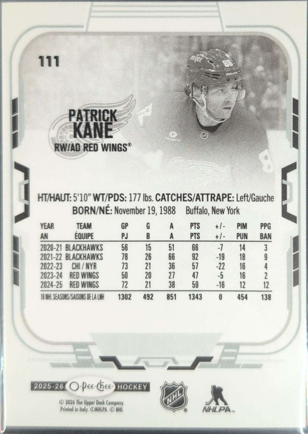 2025-26 O-Pee-Chee Patrick Kane #111 Detroit Red Wings back