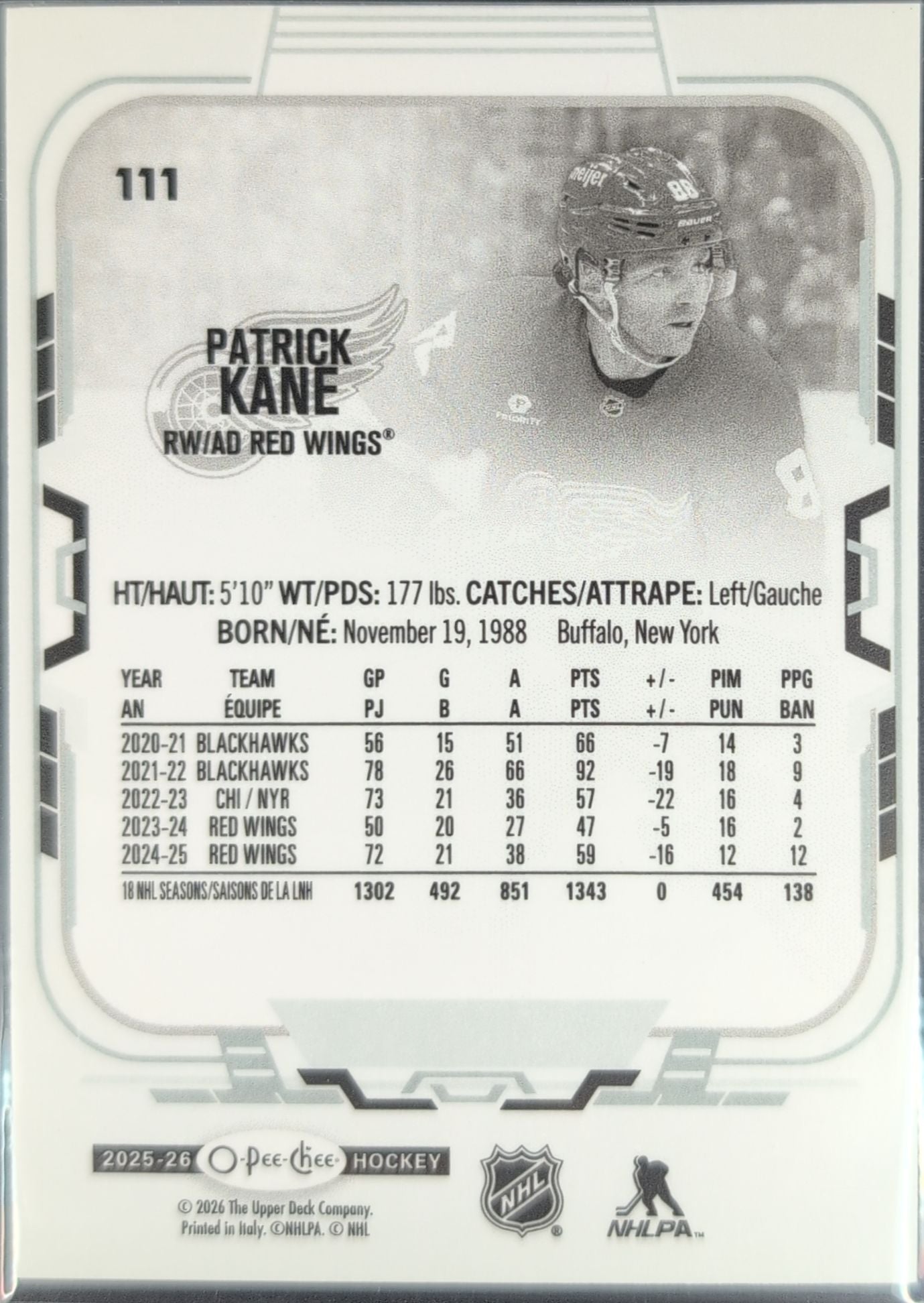 2025-26 O-Pee-Chee Patrick Kane #111 Detroit Red Wings back