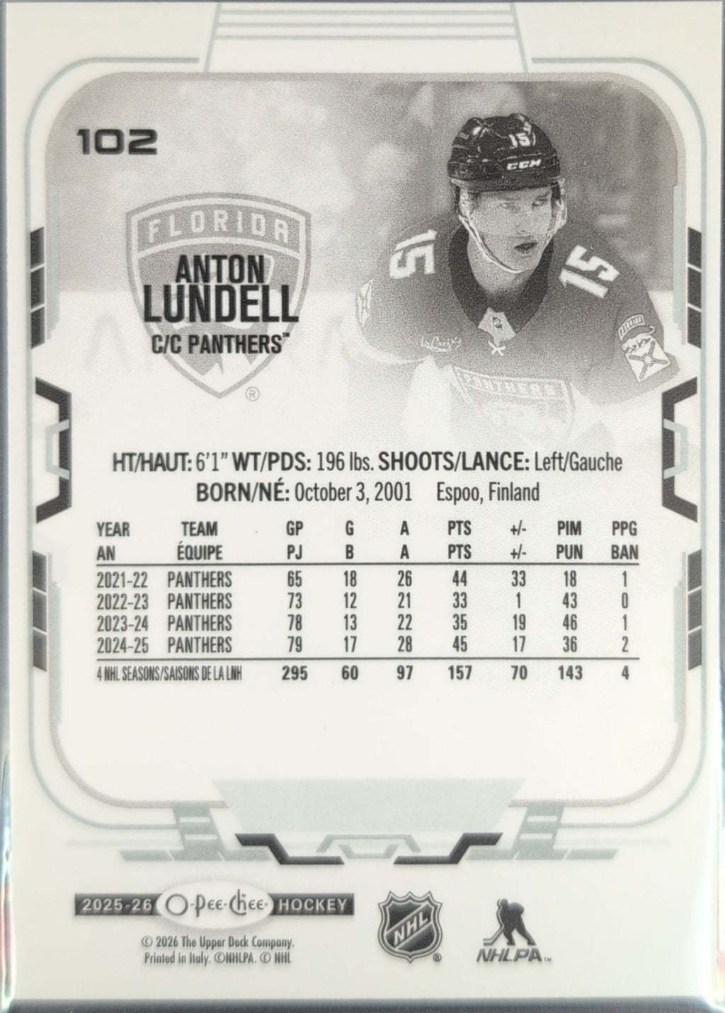 2025-26 O-Pee-Chee Anton Lundell #102 Florida Panthers back