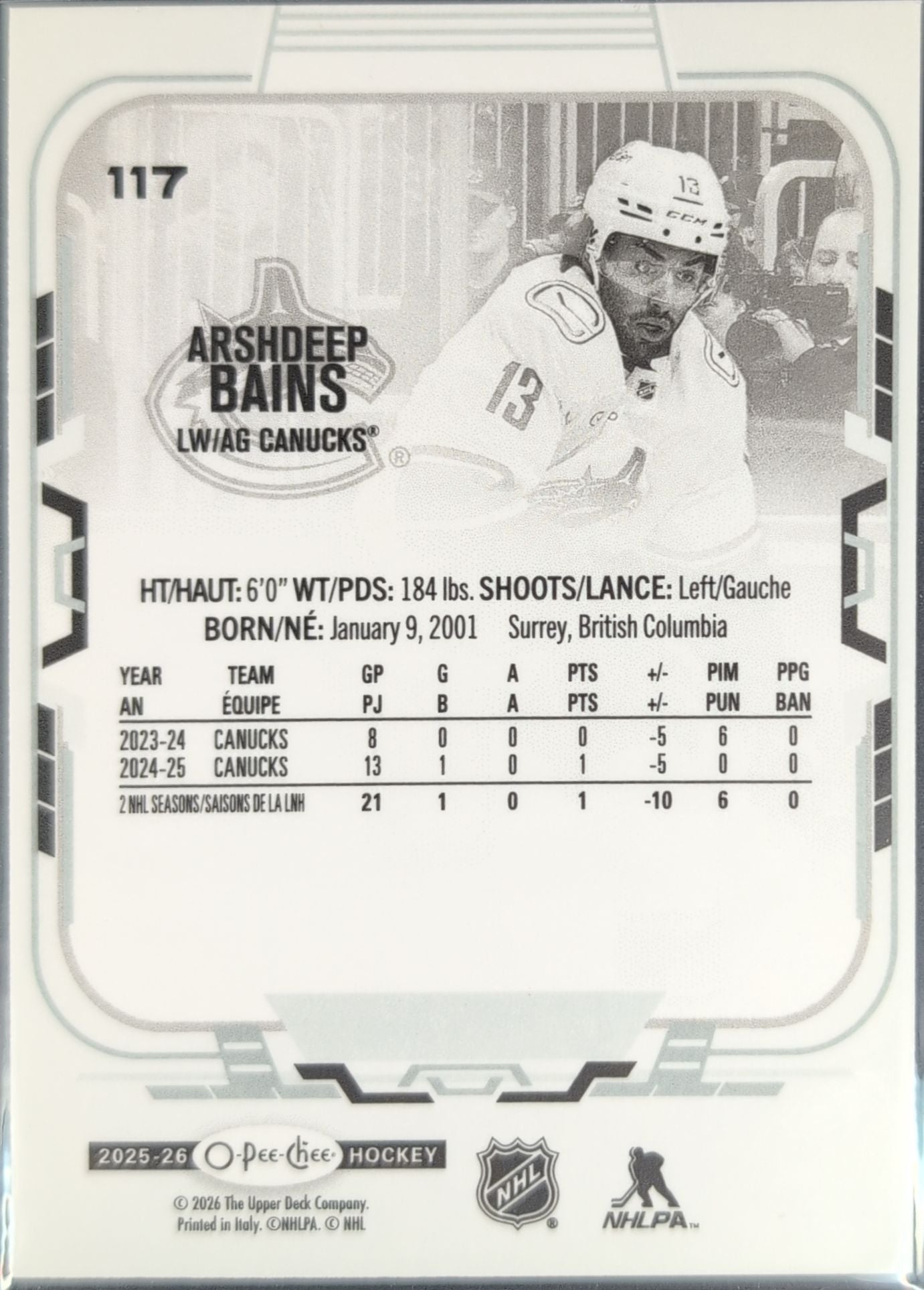 2025-26 O-Pee-Chee Arshdeep Bains #117 Vancouver Canucks back