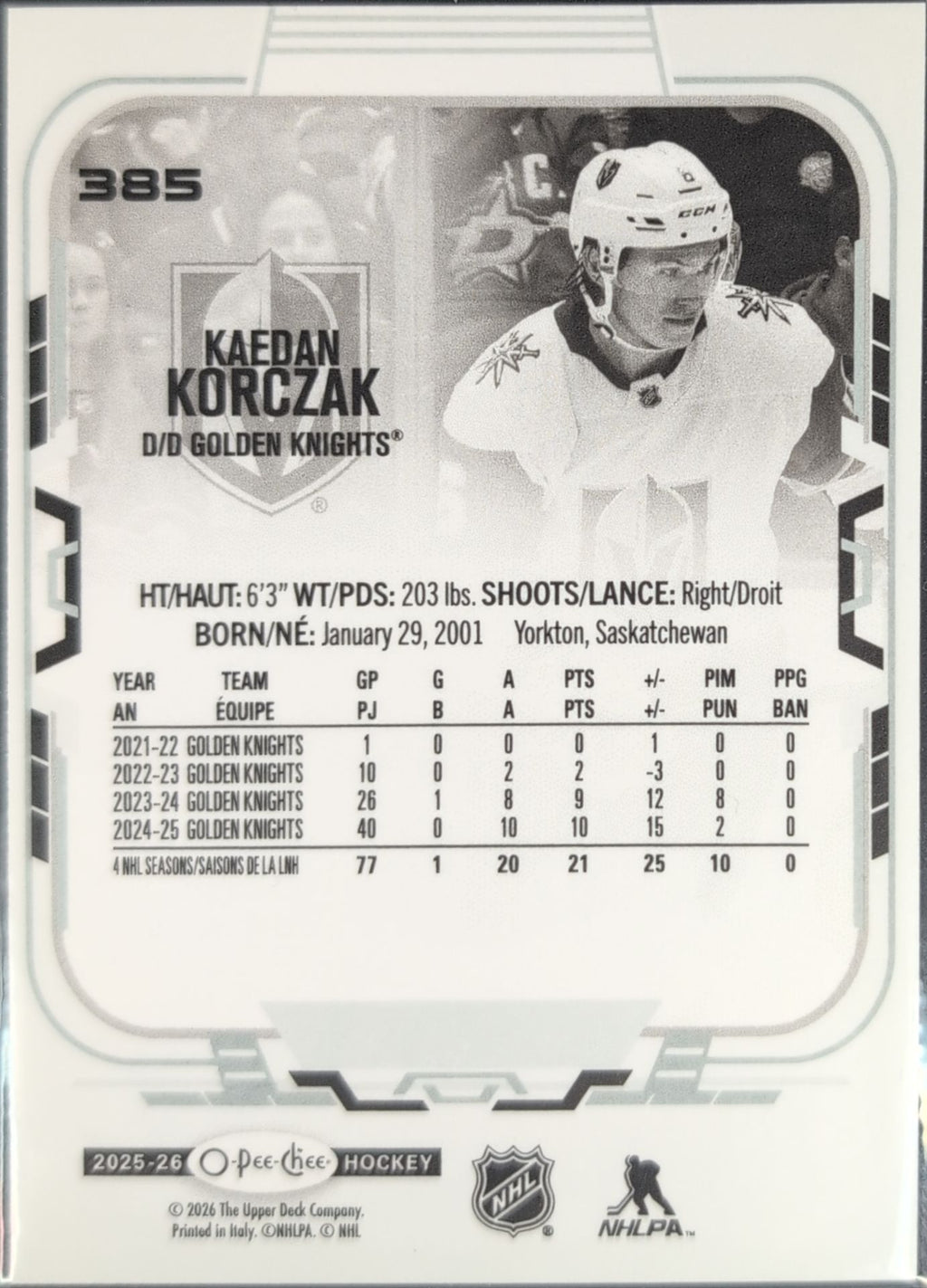 2025-26 O-Pee-Chee Kaedan Korczak #385 Vegas Golden Knights back