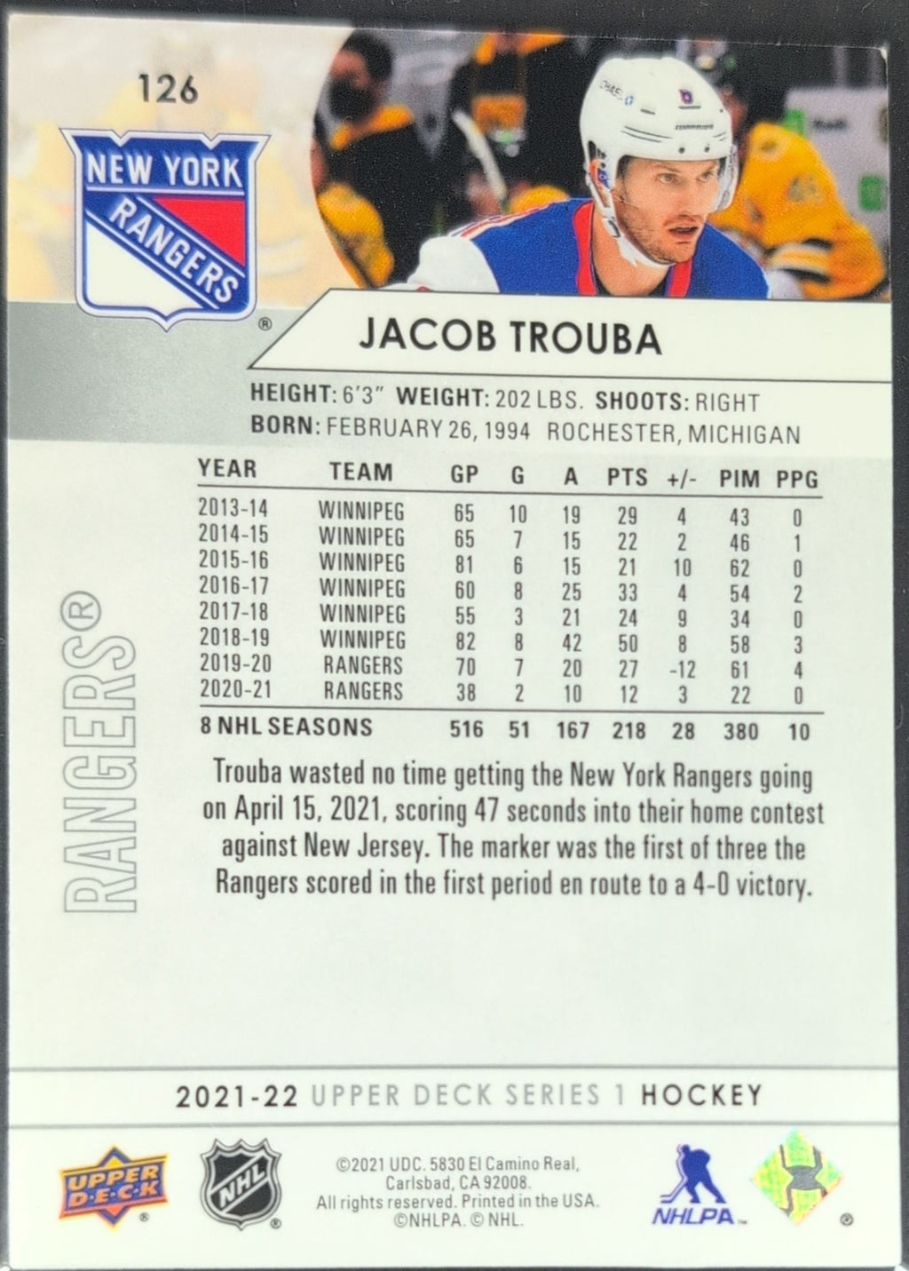 2021-2022 Upper Deck Jacob Trouba #126 New York Rangers back