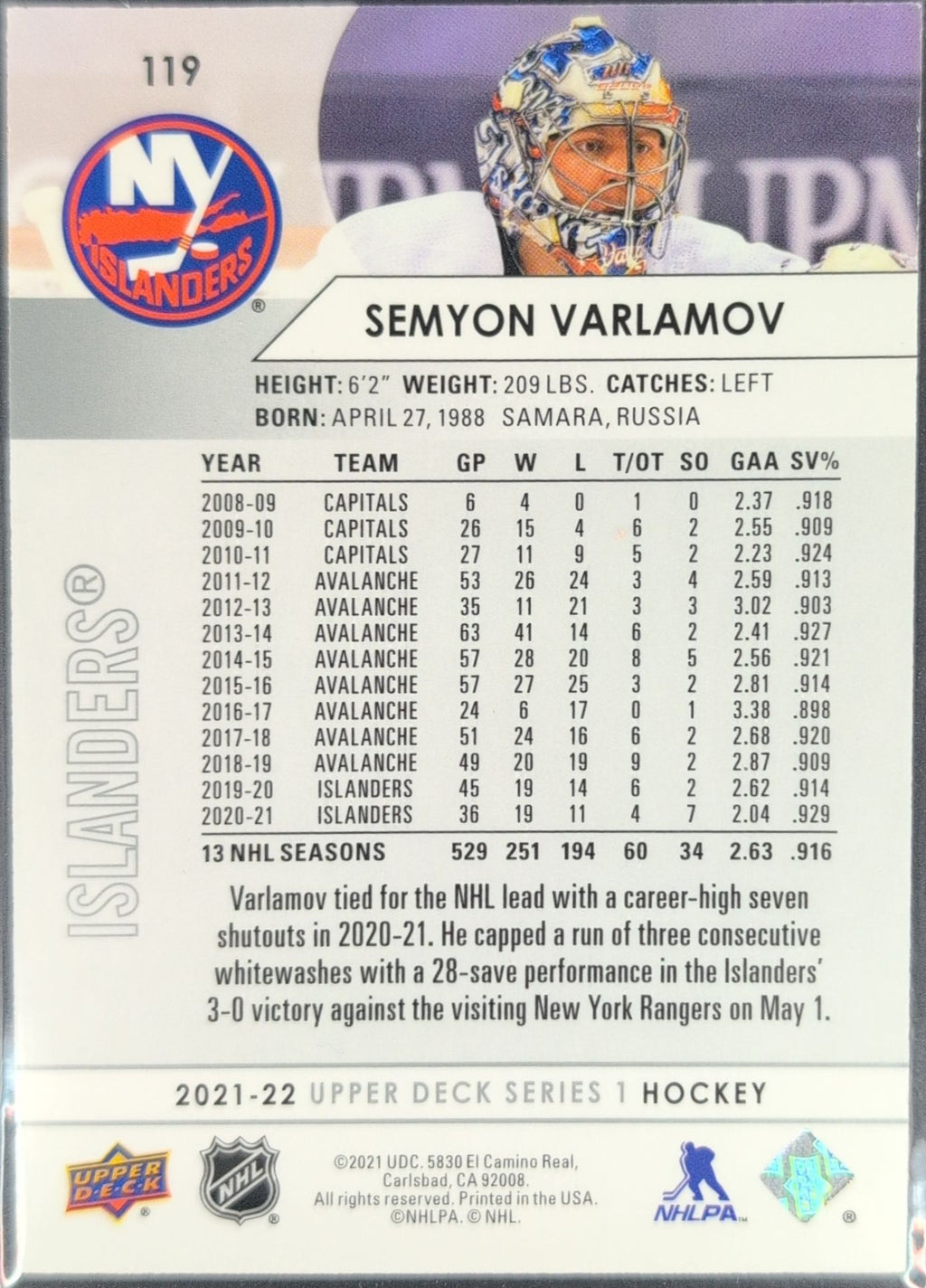 2021-2022 Upper Deck Semyon Varlamov #119 New York Islanders back