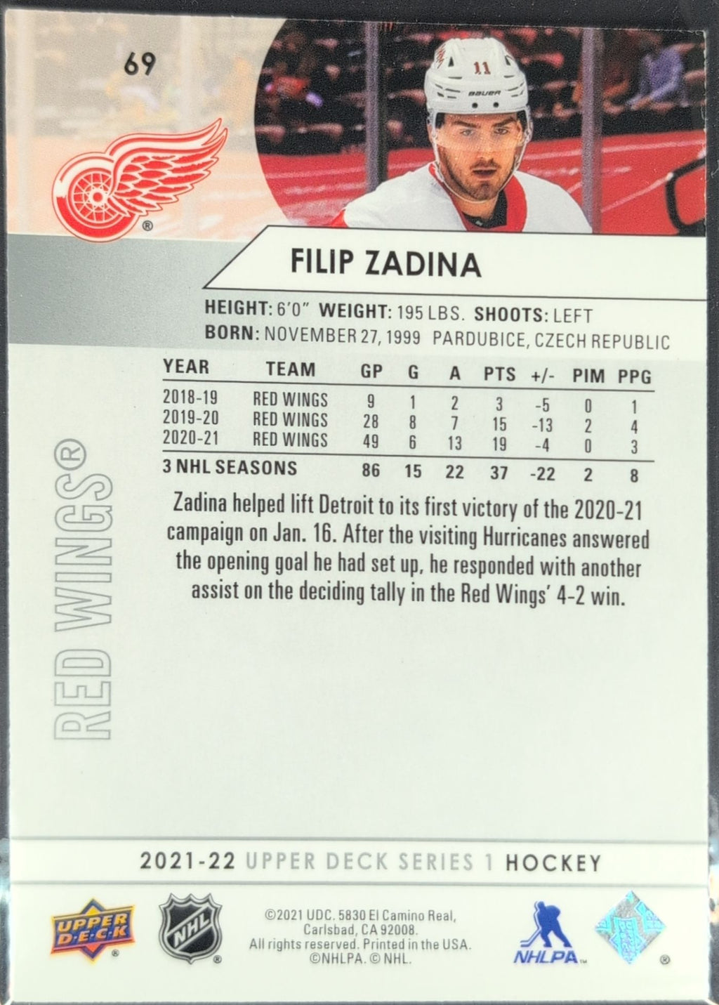 2021-22 Upper Deck Filip Zadina #69 Detroit Red Wings back