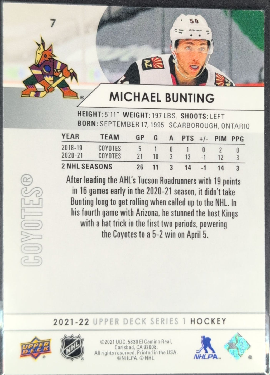 2021-2022 Upper Deck Michael Bunting #7 Arizona Coyotes back