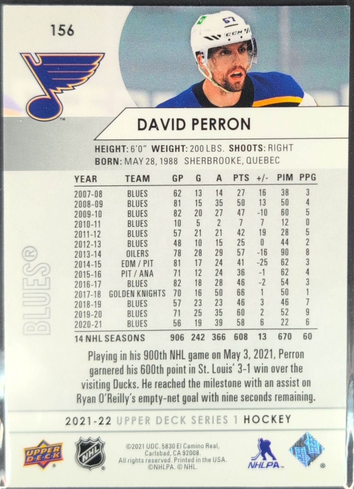 2021-22 Upper Deck David Perron #156 St. Louis Blues back