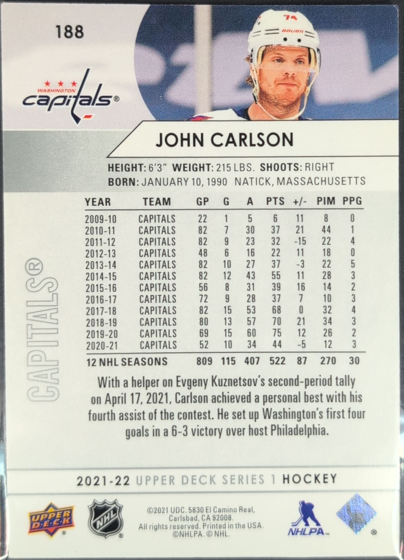 2021-2022 Upper Deck John Carlson #188 Washington Capitals back