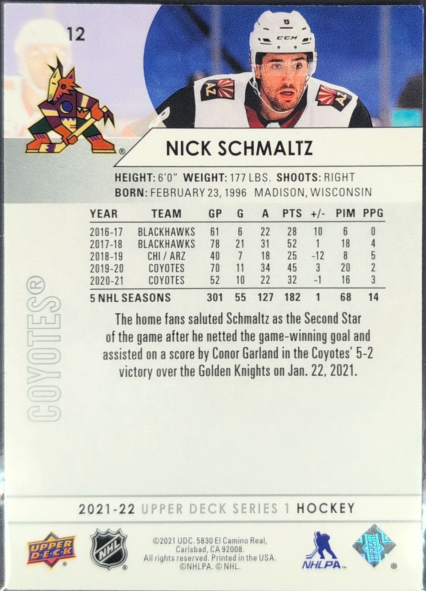 2021-22 Upper Deck Nick Schmaltz #12 Arizona Coyotes back