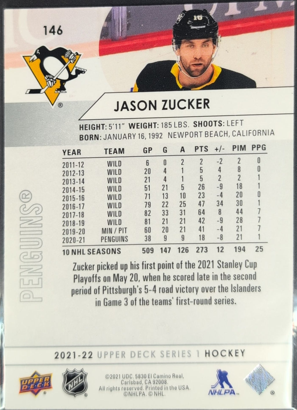 2021-2022 Upper Deck Jason Zucker #146 Pittsburgh Penguins back