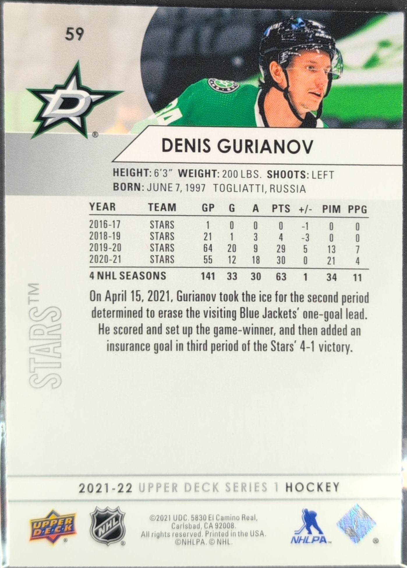 2021-2022 Upper Deck Denis Gurianov #59 Dallas Stars back