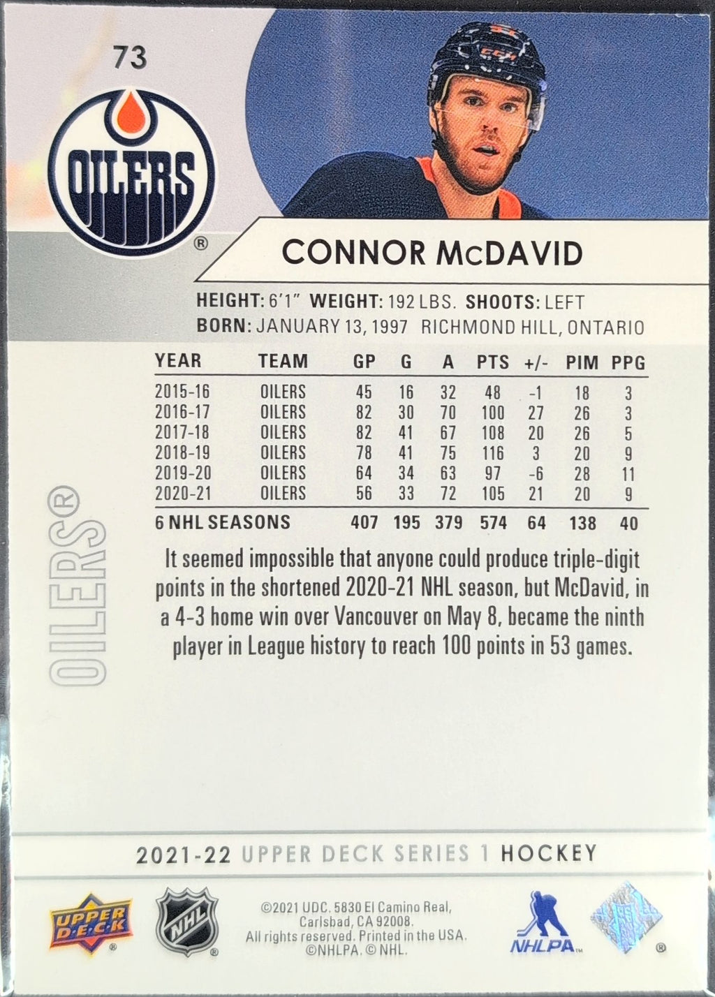 2021-22 Upper Deck Connor McDavid #73 Edmonton Oilers back