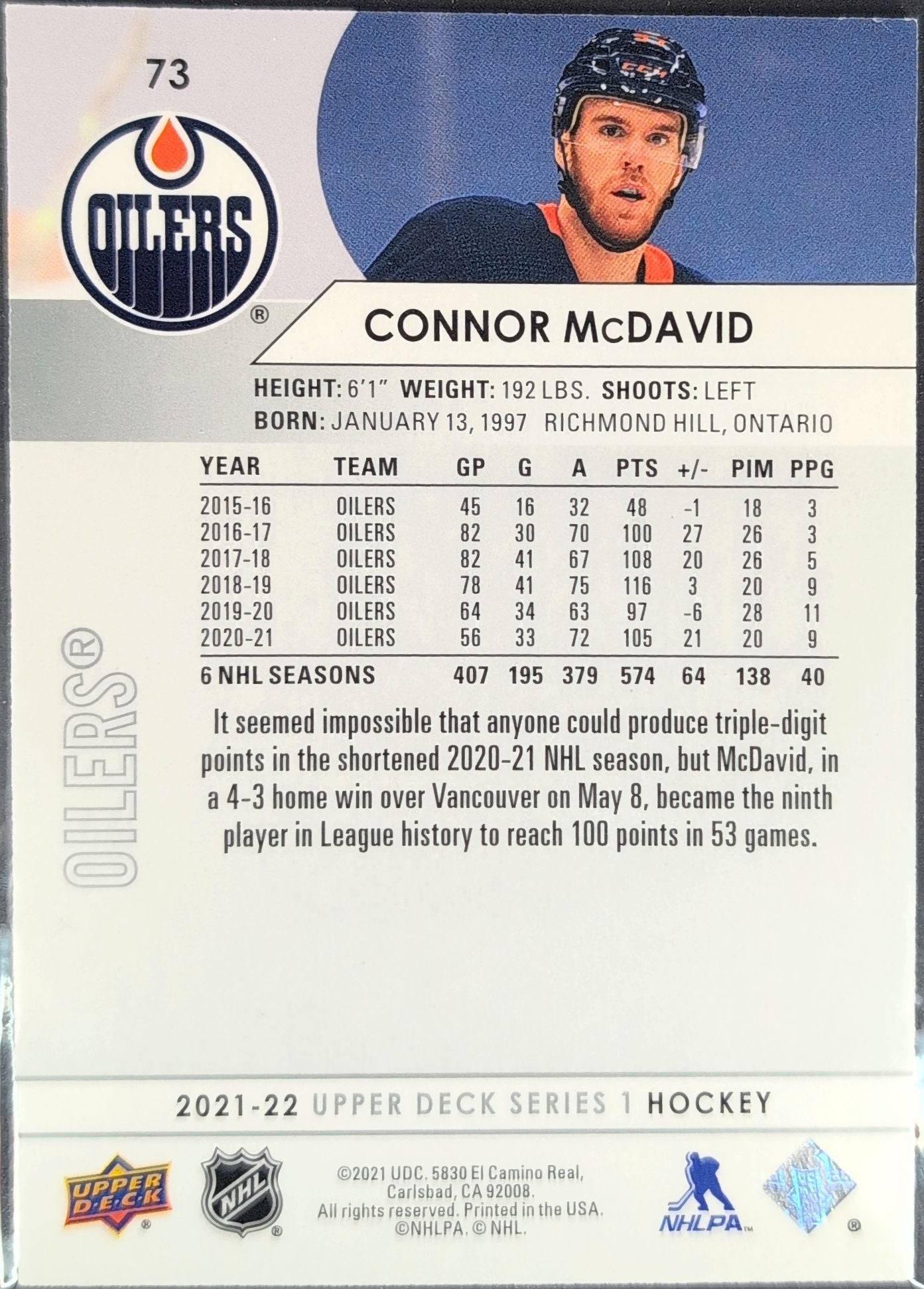 2021-22 Upper Deck Connor McDavid #73 Edmonton Oilers back