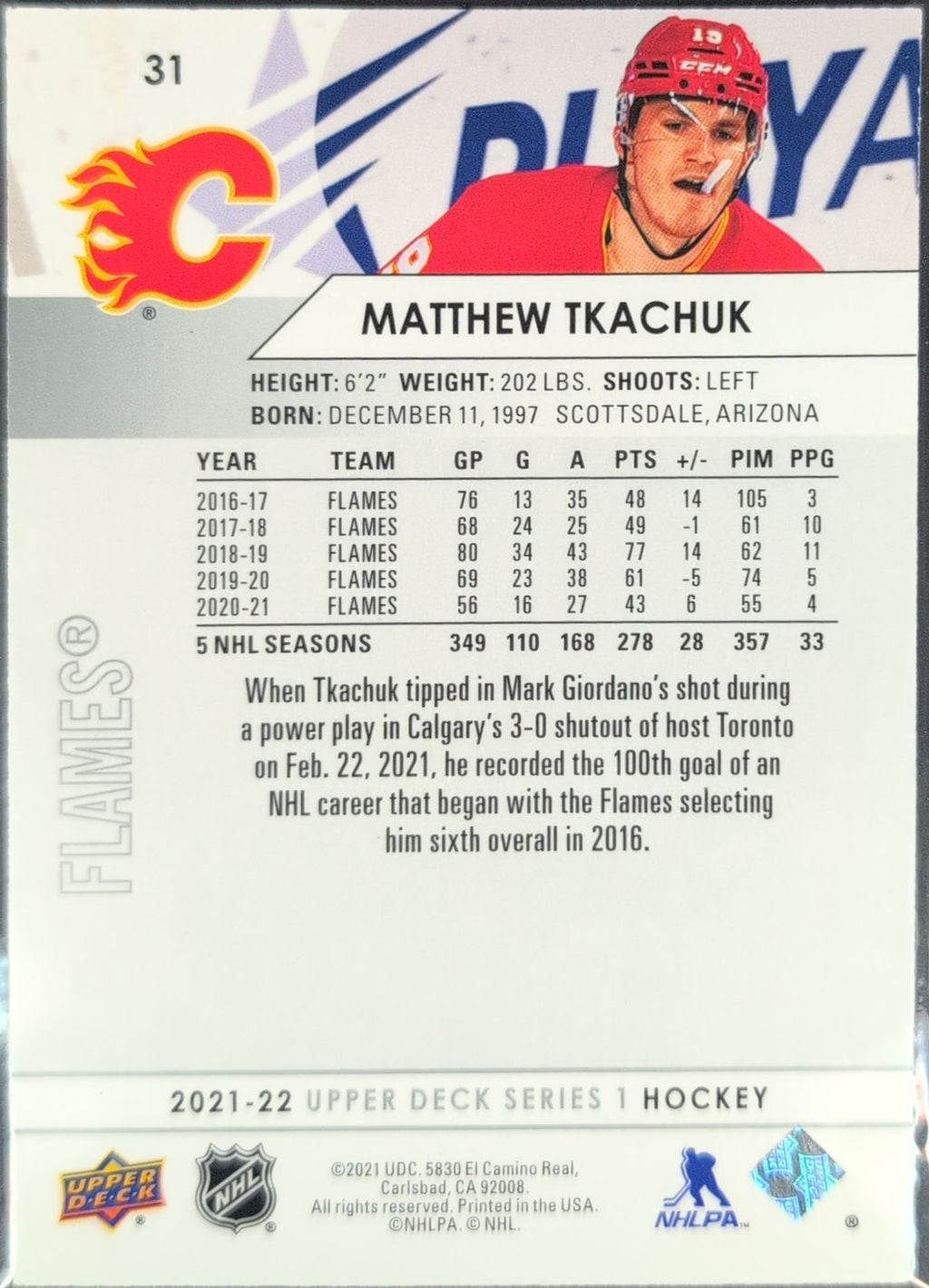 2021-2022 Upper Deck Matthew Tkachuk #31 Calgary Flames back