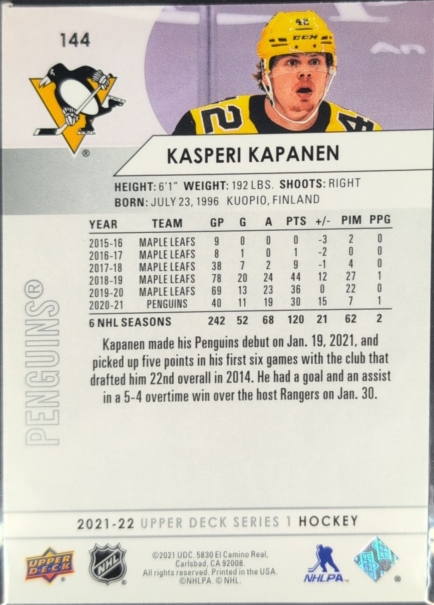 2021-22 Upper Deck Kasperi Kapanen #144 Pittsburgh Penguins back