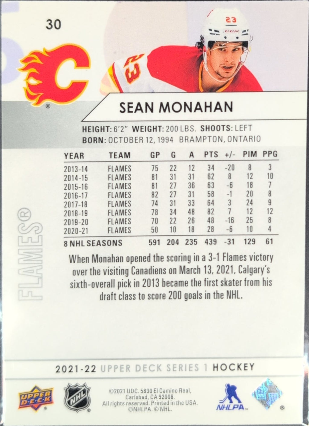 2021-22 Upper Deck Sean Monahan #30 Calgary Flames back