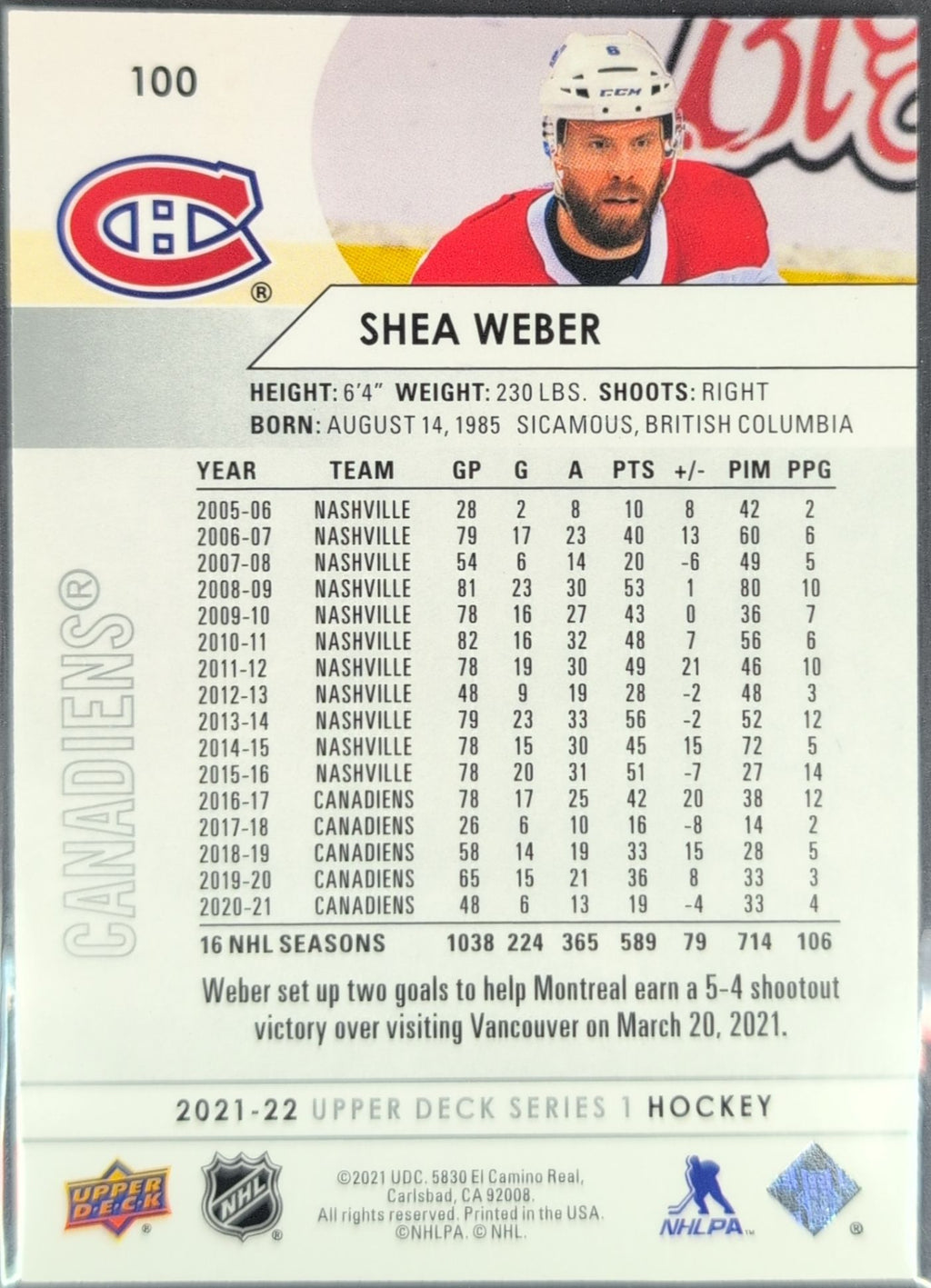 2021-22 Upper Deck Shea Weber #100 Montreal Canadiens back