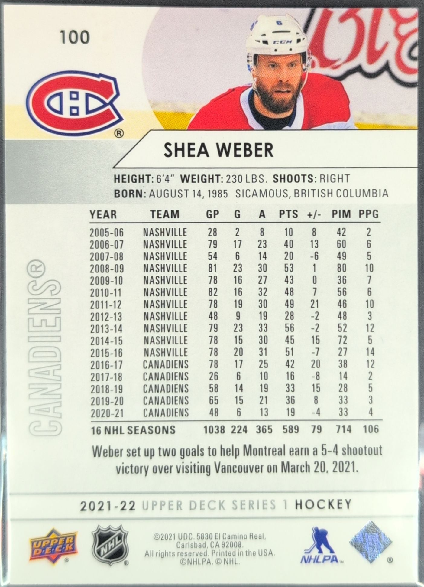 2021-22 Upper Deck Shea Weber #100 Montreal Canadiens back