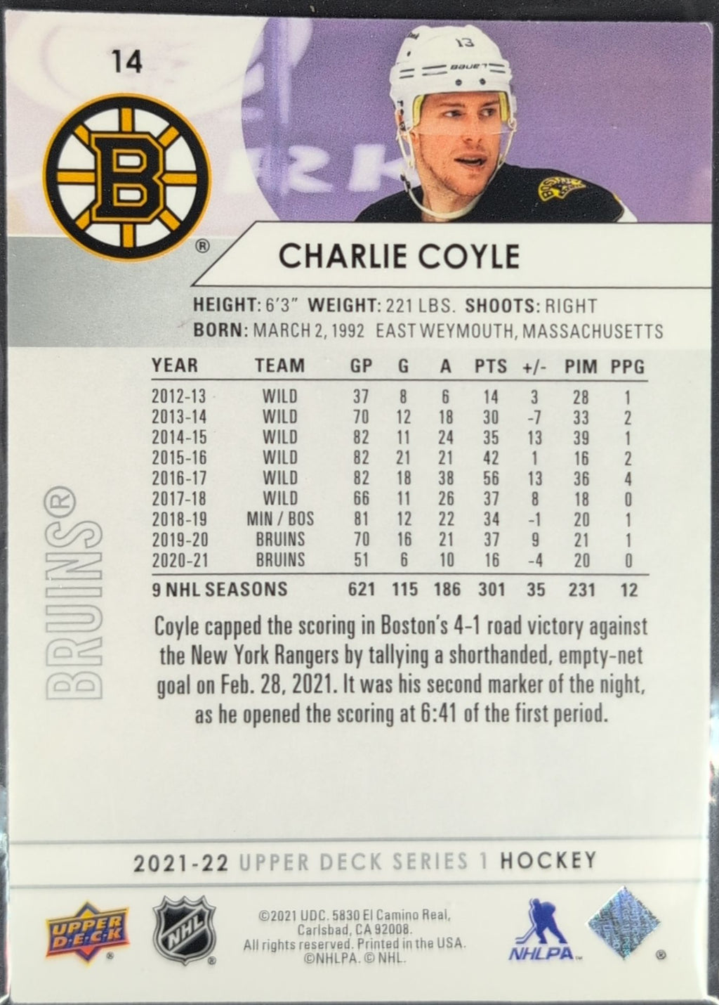 2021-2022 Upper Deck Charlie Coyle #14 Boston Bruins back