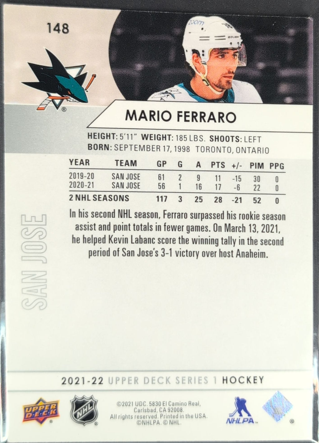 2021-2022 Upper Deck Mario Ferraro #148 San Jose Sharks back