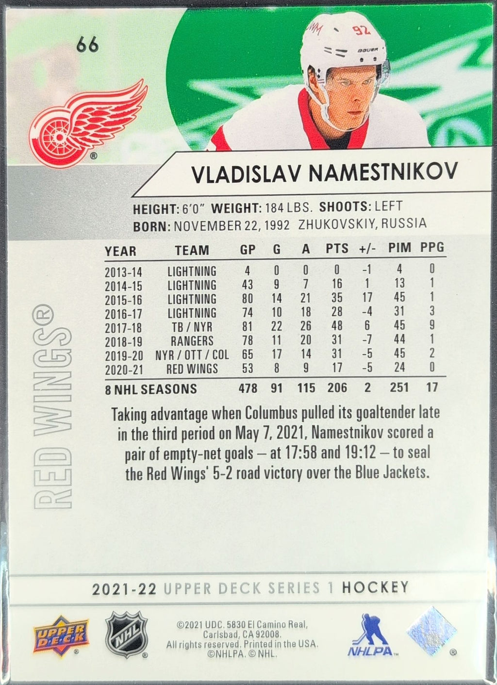 2021-2022 Upper Deck Vladislav Namestnikov #66 Detroit Red Wings back
