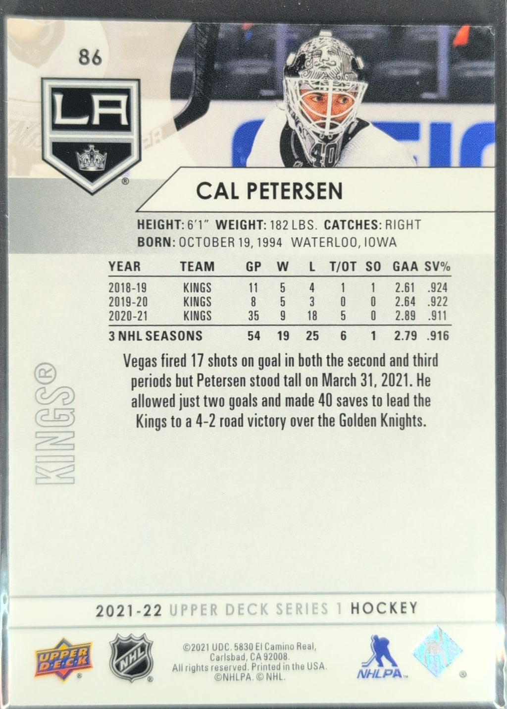 2021-22 Upper Deck Cal Petersen #86 Los Angeles Kings back