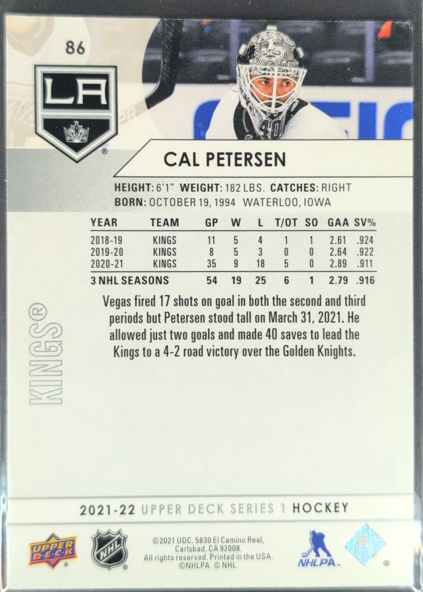 2021-22 Upper Deck Cal Petersen #86 Los Angeles Kings back