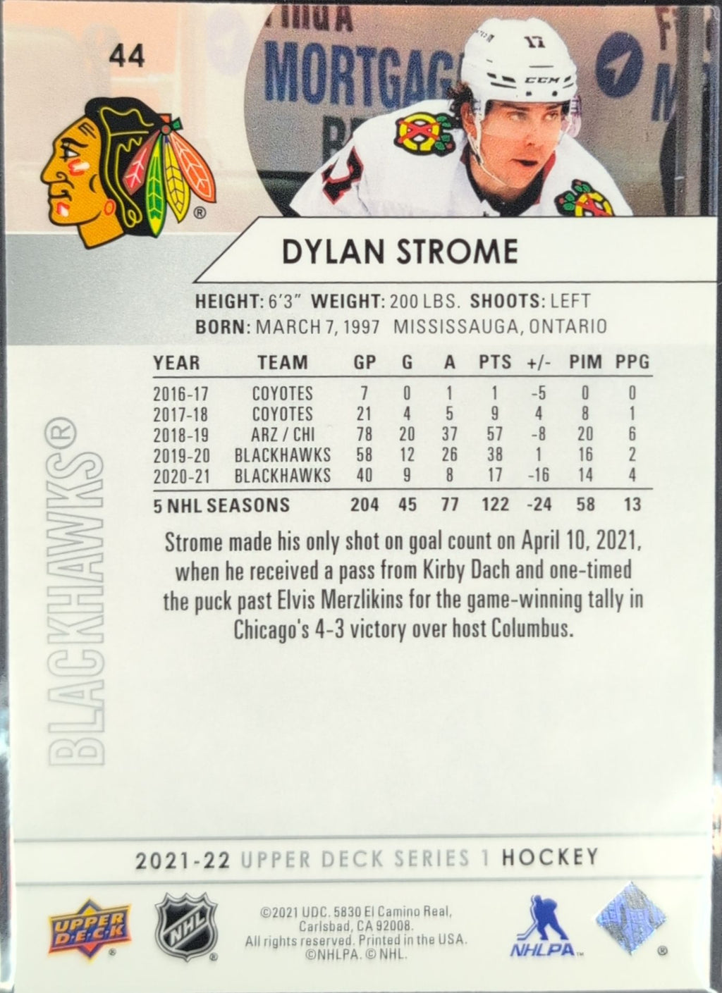 2021-2022 Upper Deck Dylan Strome #44 Chicago Blackhawks back