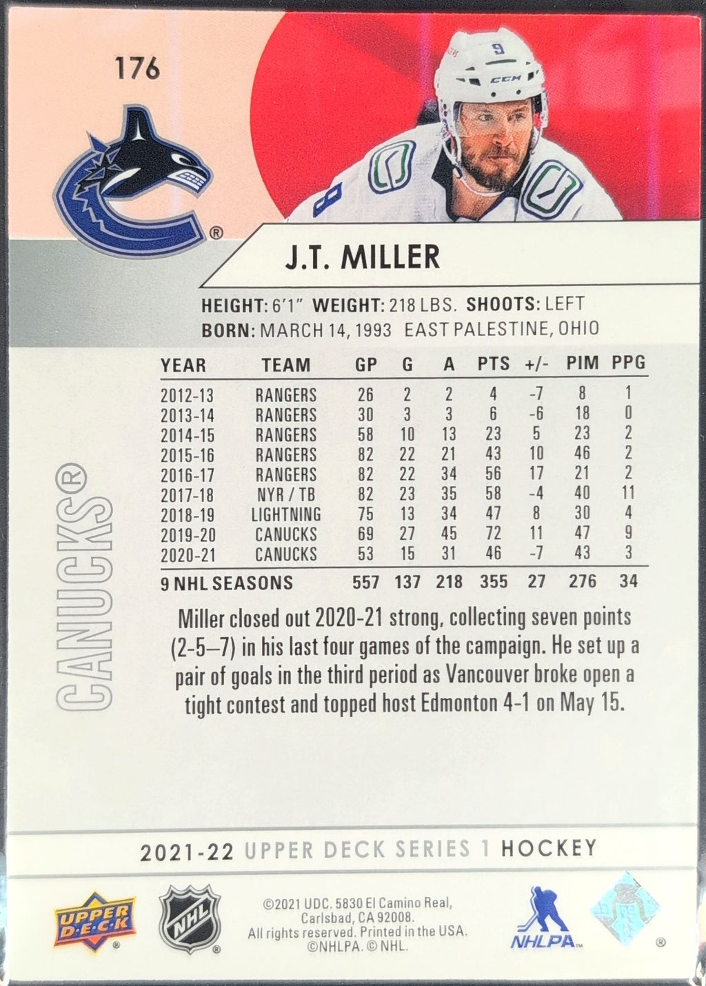 2021-2022 Upper Deck J.T. Miller #176 Vancouver Canucks back
