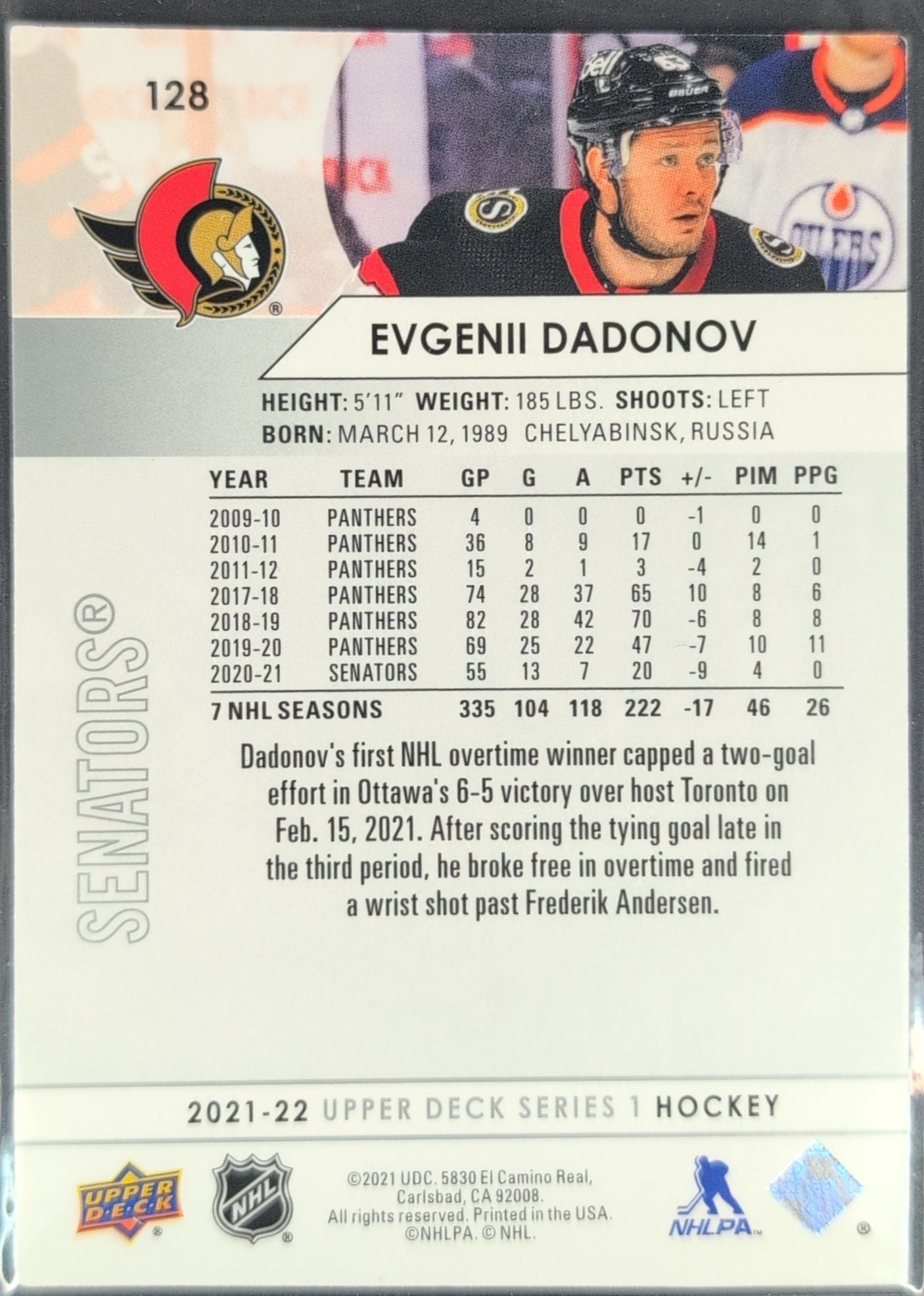 2021-22 Upper Deck Evgenii Dadonov #128 Ottawa Senators back