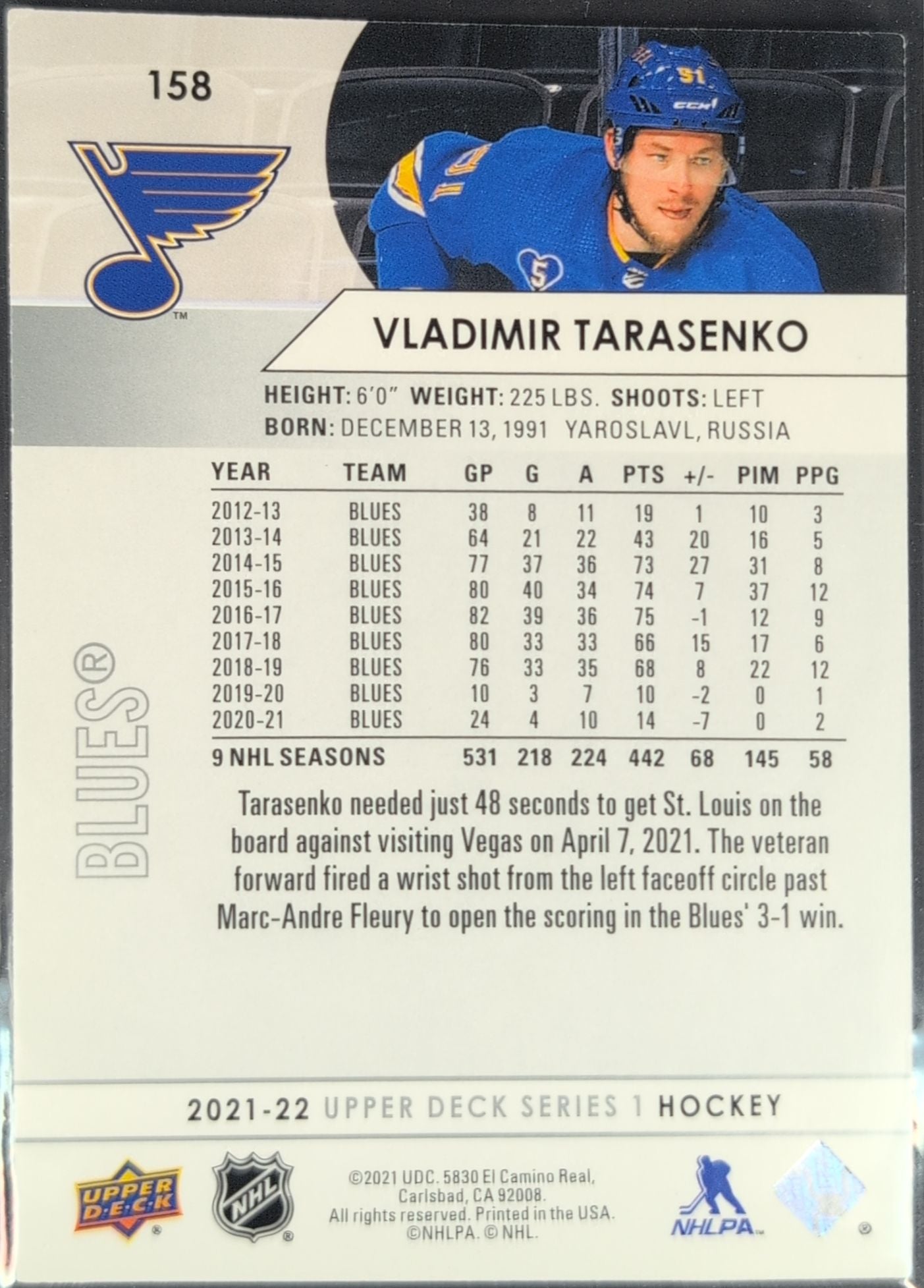 2021-22 Upper Deck Vladimir Tarasenko #158 St. Louis Blues back