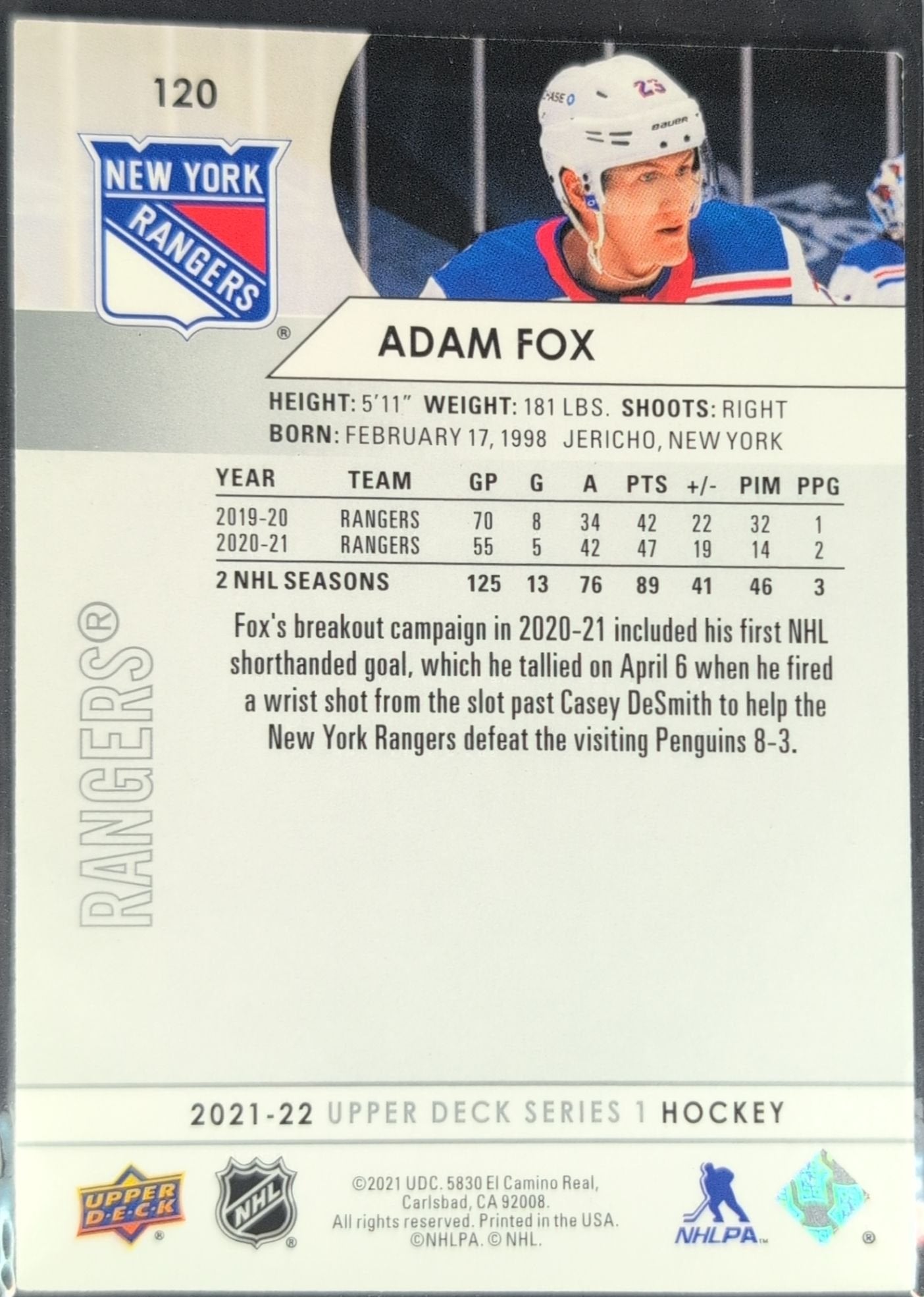 Adam Fox 2021-22 Upper Deck #120 New York Rangers - back image